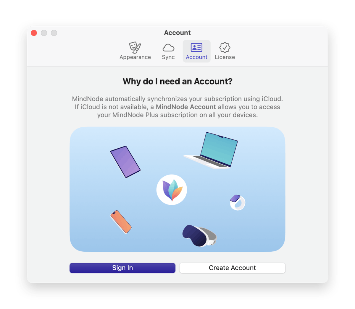 macOS MindNode Account settings
