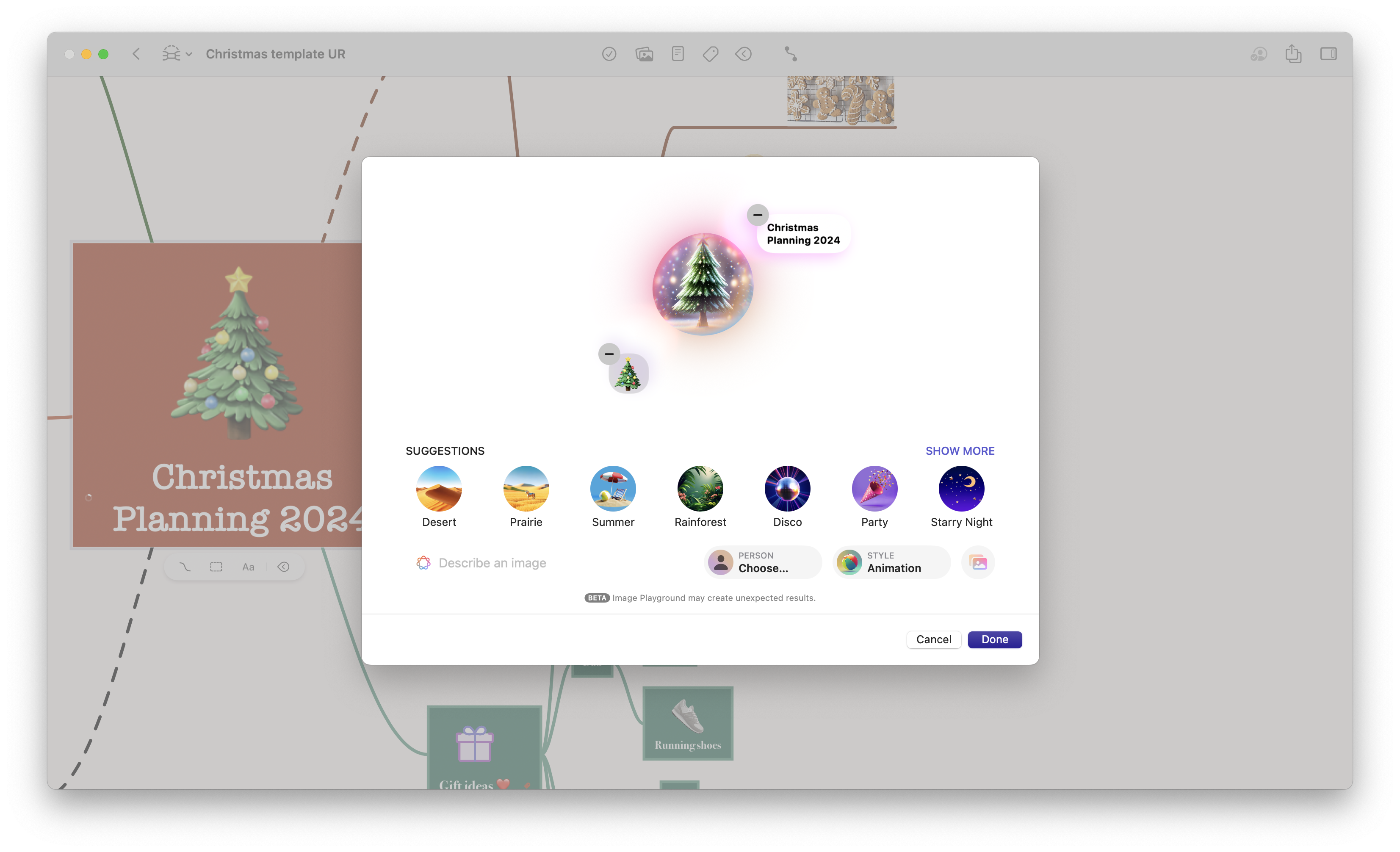 Screenshot with a mind map in the background and a sheet with Apple's Image Playground in the front.