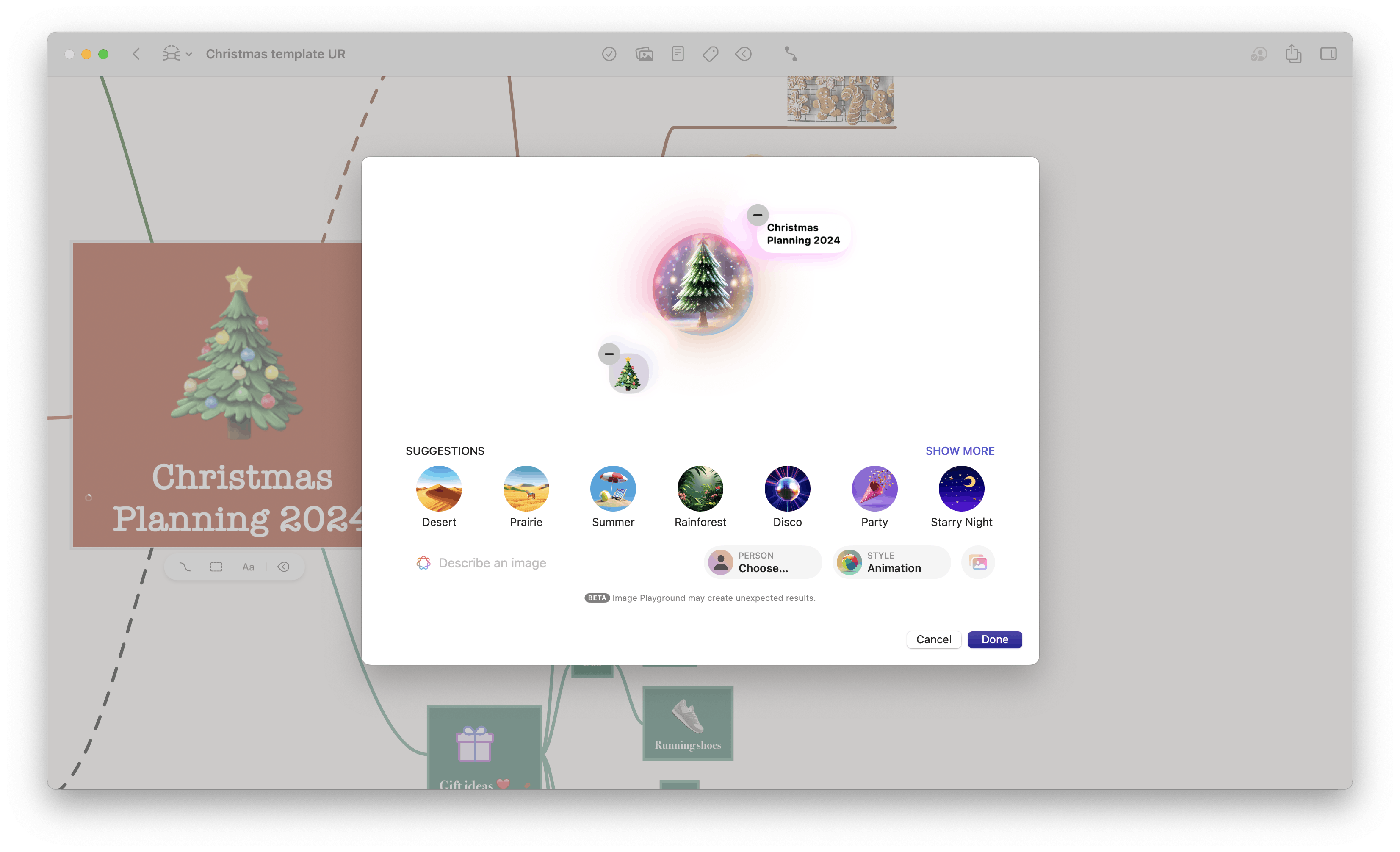 Screenshot with a mind map in the background and a sheet with Apple's Image Playground in the front.