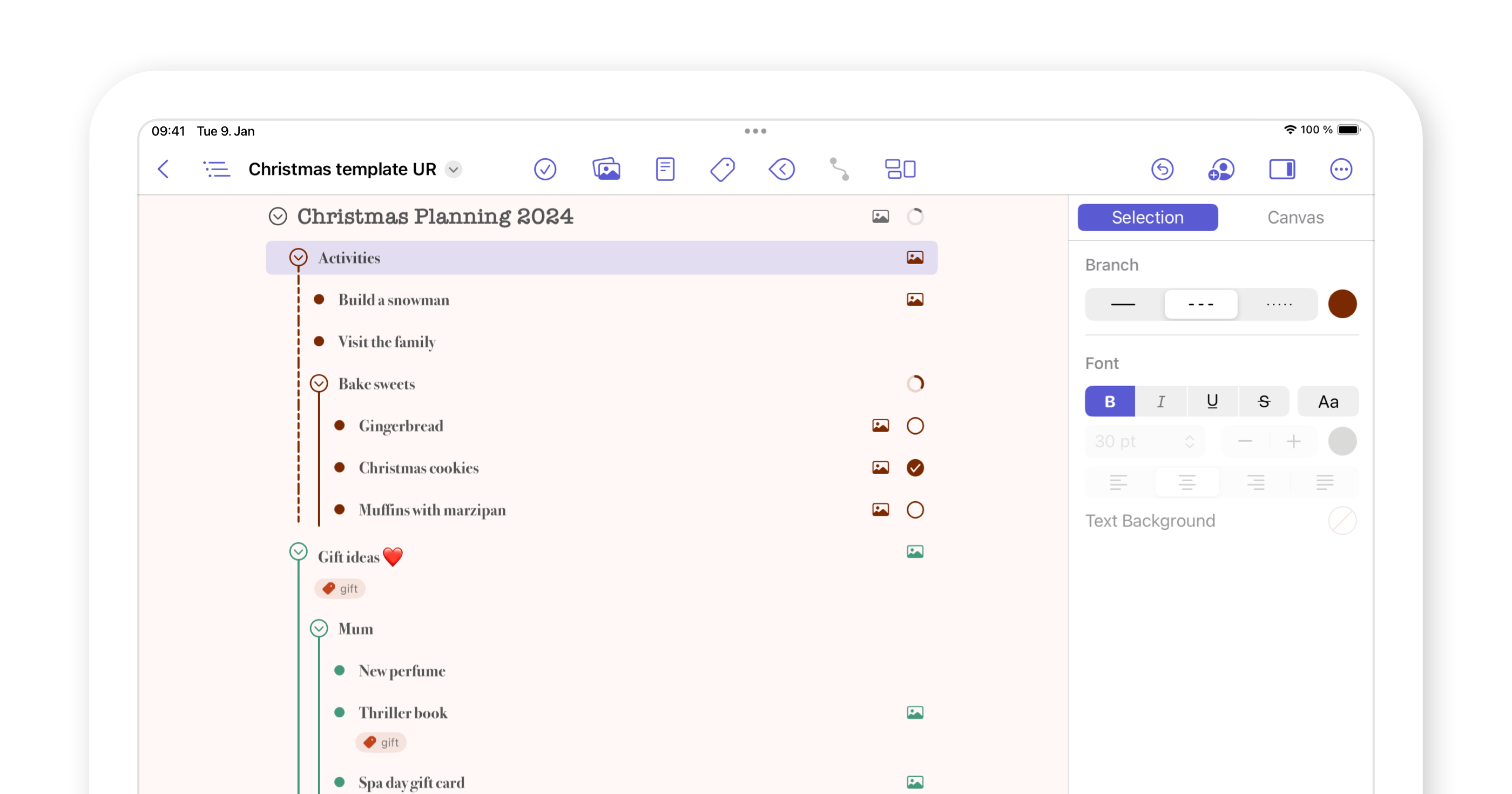 Screenshot of a Christmas Planning outline with the outline inspector open in a sidebar to the right.