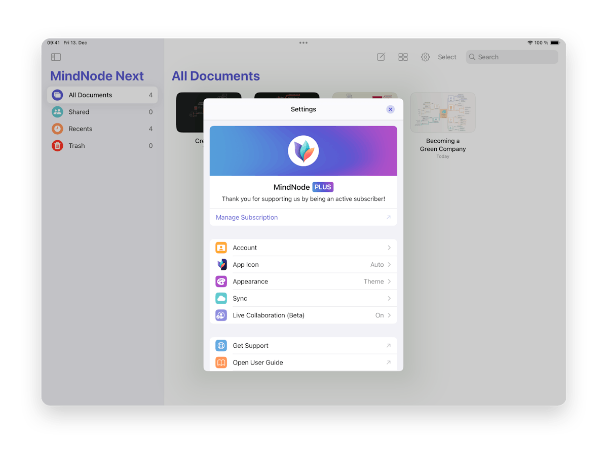 MindNode Settings on iOS