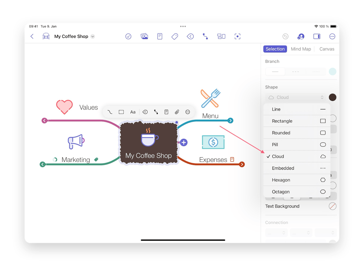 Changing the node shape to Cloud on iOS