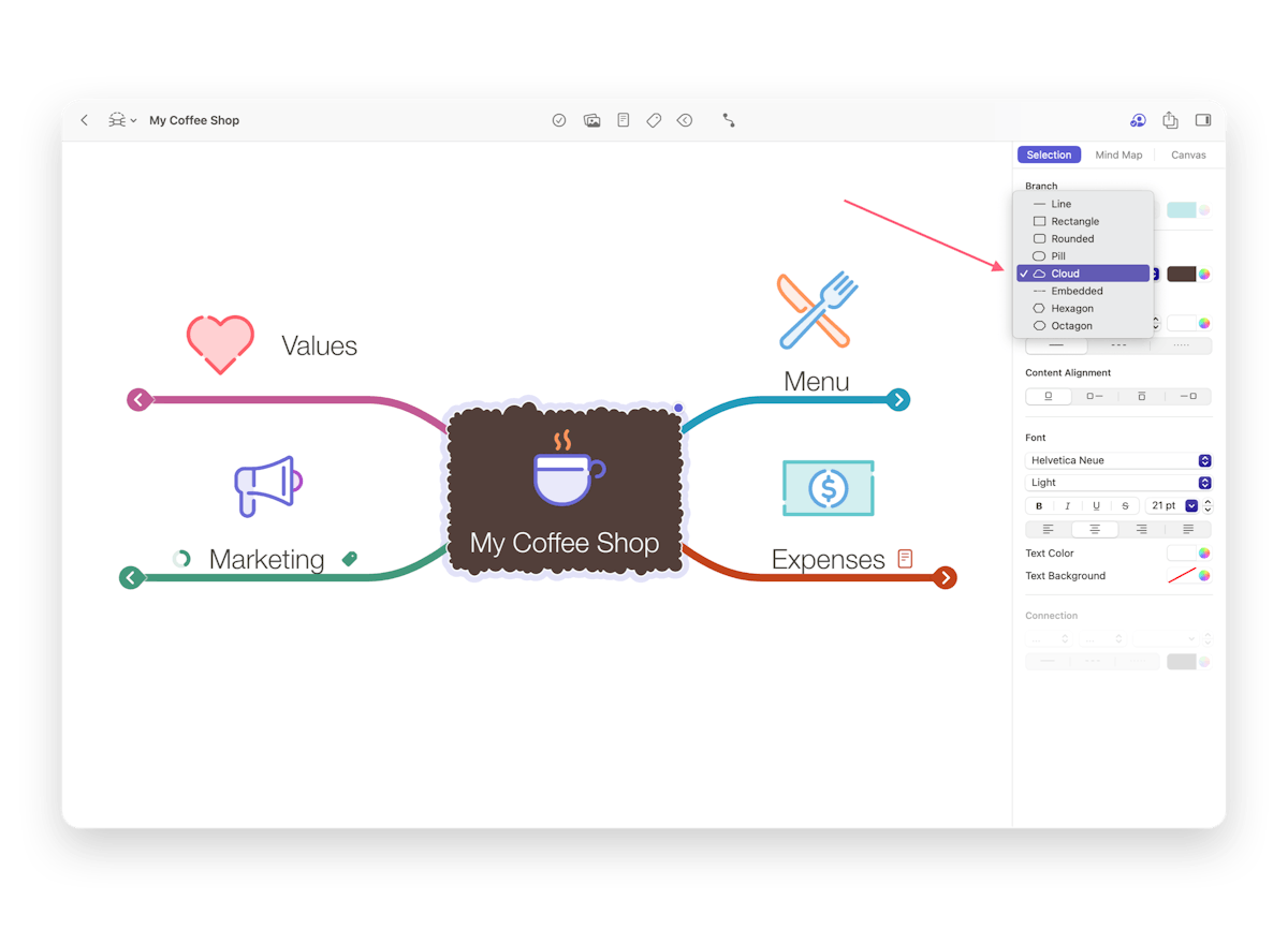 Changing the node shape to Cloud on macOS