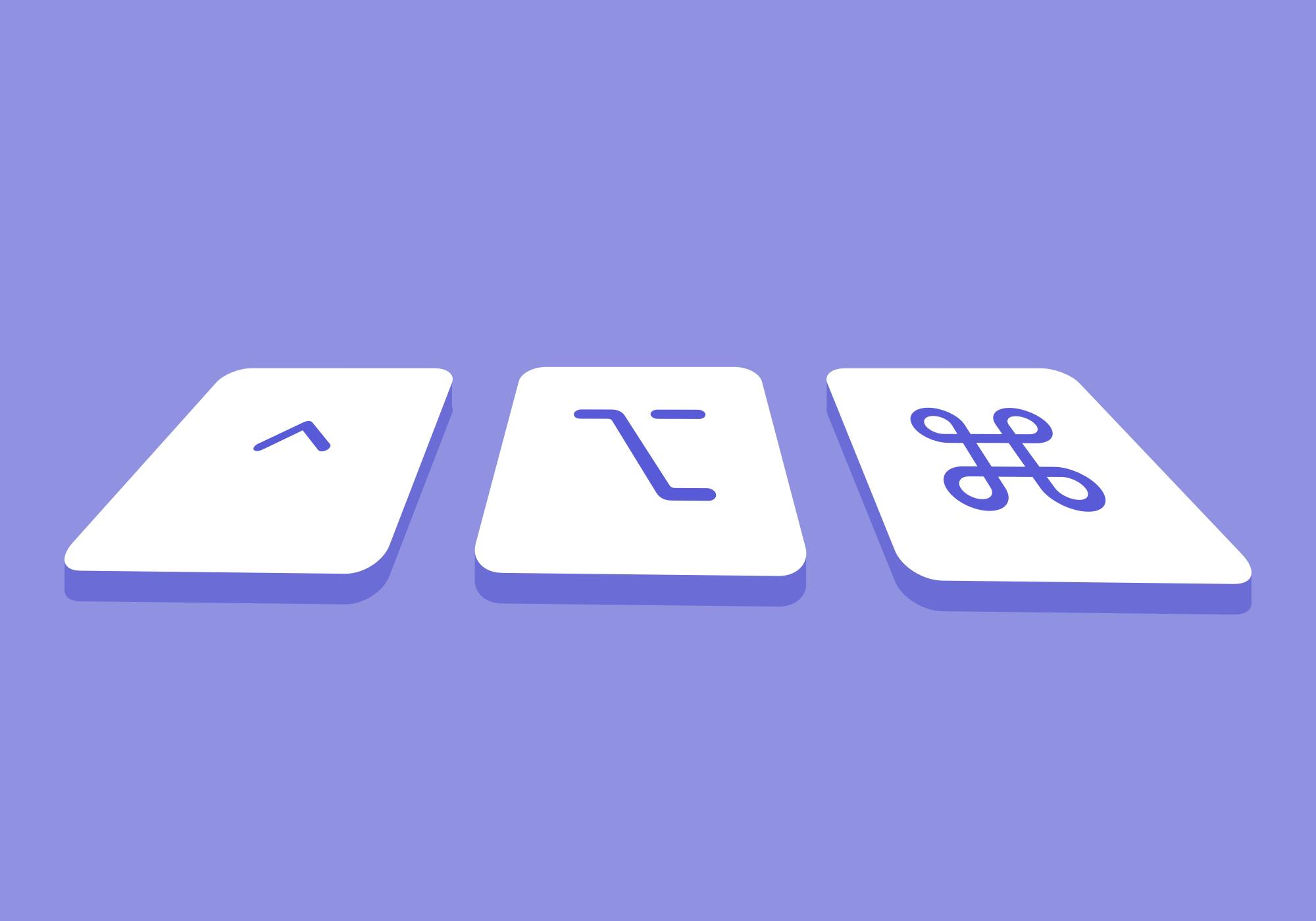 Graphic 3 keyboard keys in white and violet in front of a purple background, which symbolize shortcuts on MindNode.
