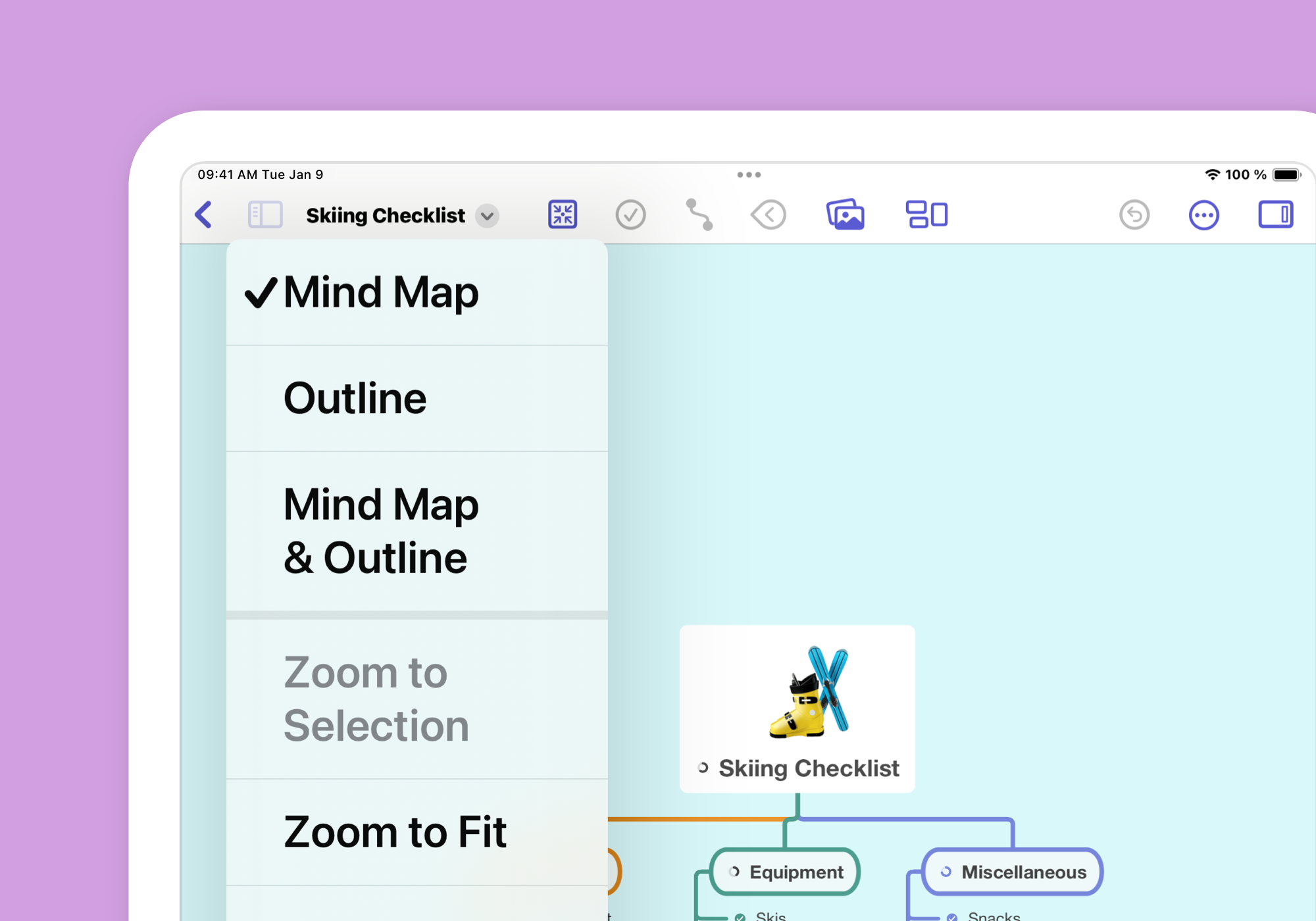 MindNode with open menu that allows to show Mind Map, Outline, or both at the same time.