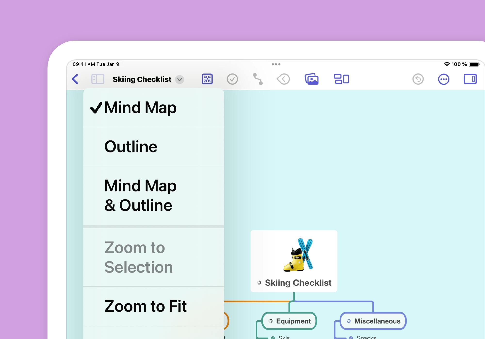 MindNode with open menu that allows to show Mind Map, Outline, or both at the same time.