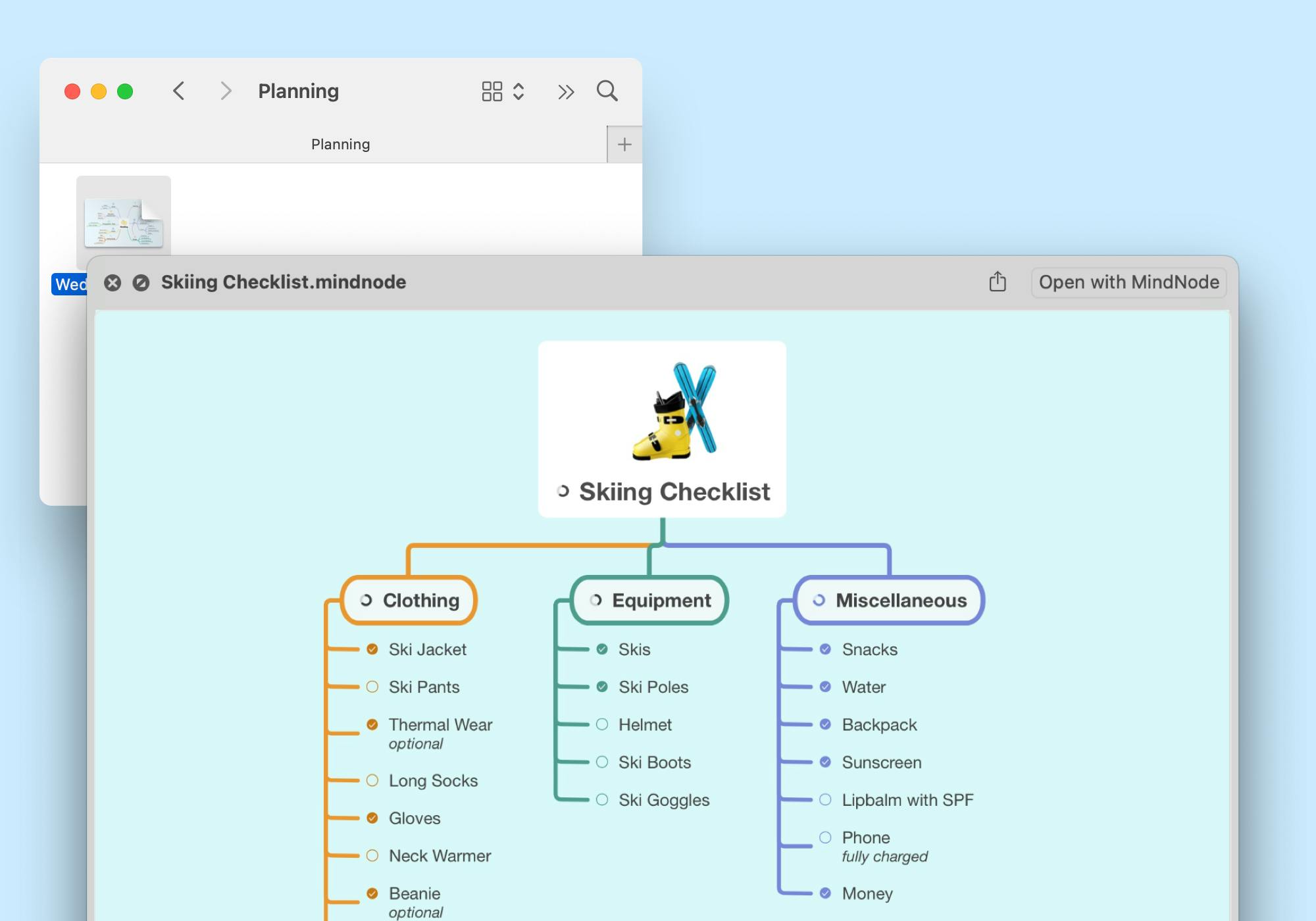 Quicklook in Finder shows the entire mind map.