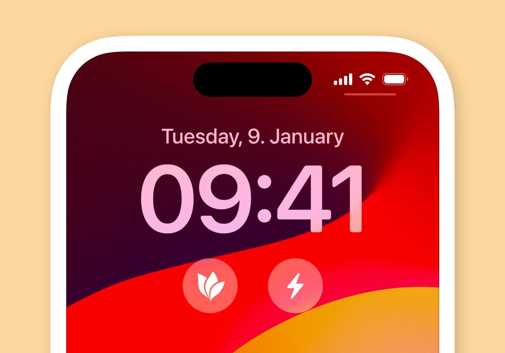 Half of a display from an iPhone, which shows date, time, and the widget of MindNode. The background of the phone is in different shades of red, the phone is in front of an orange background.