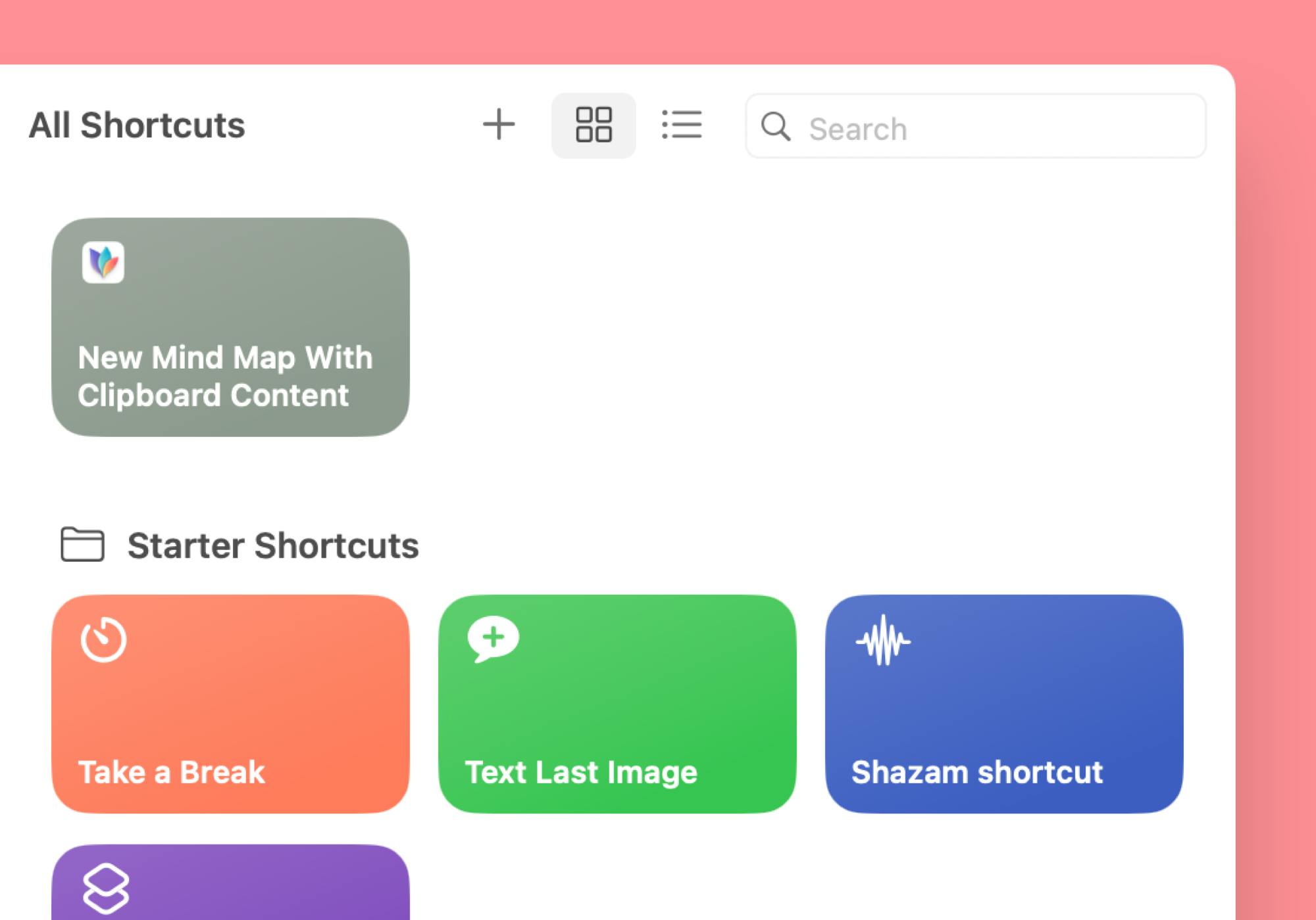 Screenshot of Apple Shortcuts with the function 'New Mind Map with Clipboard Content'. The screenshot is in front of a pink background.