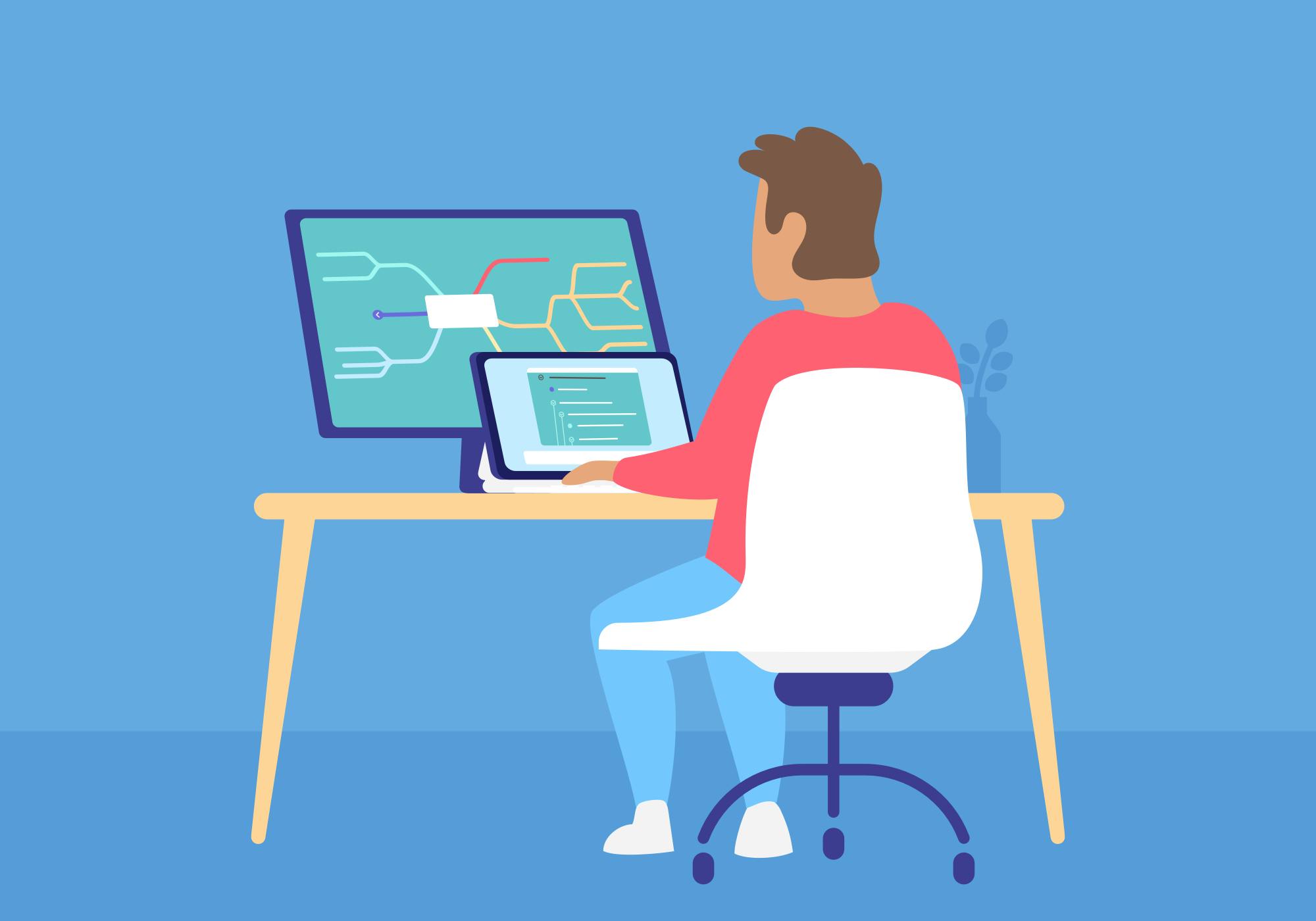 Graphic on a man sitting on a computer desk with a big screen and a laptop. The screens are showing MindNode mind maps.