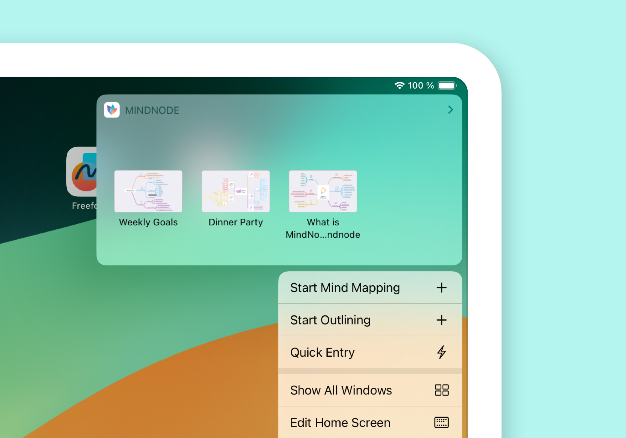 The right corner of a tablet, shows the pop up of MindNode and the function that you can start MindNode with a shortcut. The tablet is in front of a turquoise background.