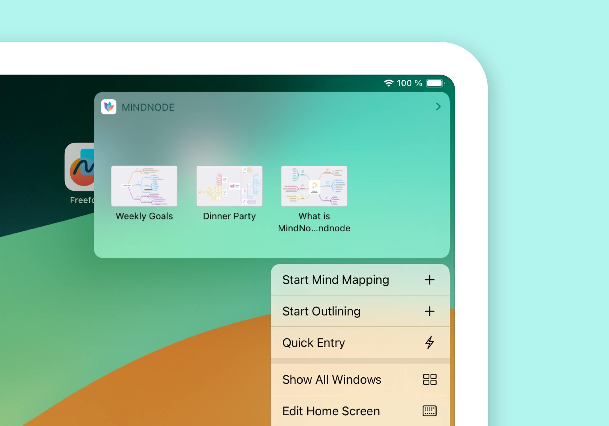 The right corner of a tablet, shows the pop up of MindNode and the function that you can start MindNode with a shortcut. The tablet is in front of a turquoise background.