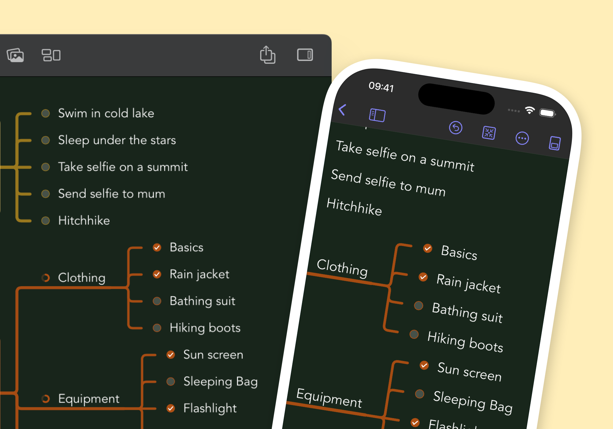 Screen and phone with the same mind map in dark mode. In front of a yellow background.
