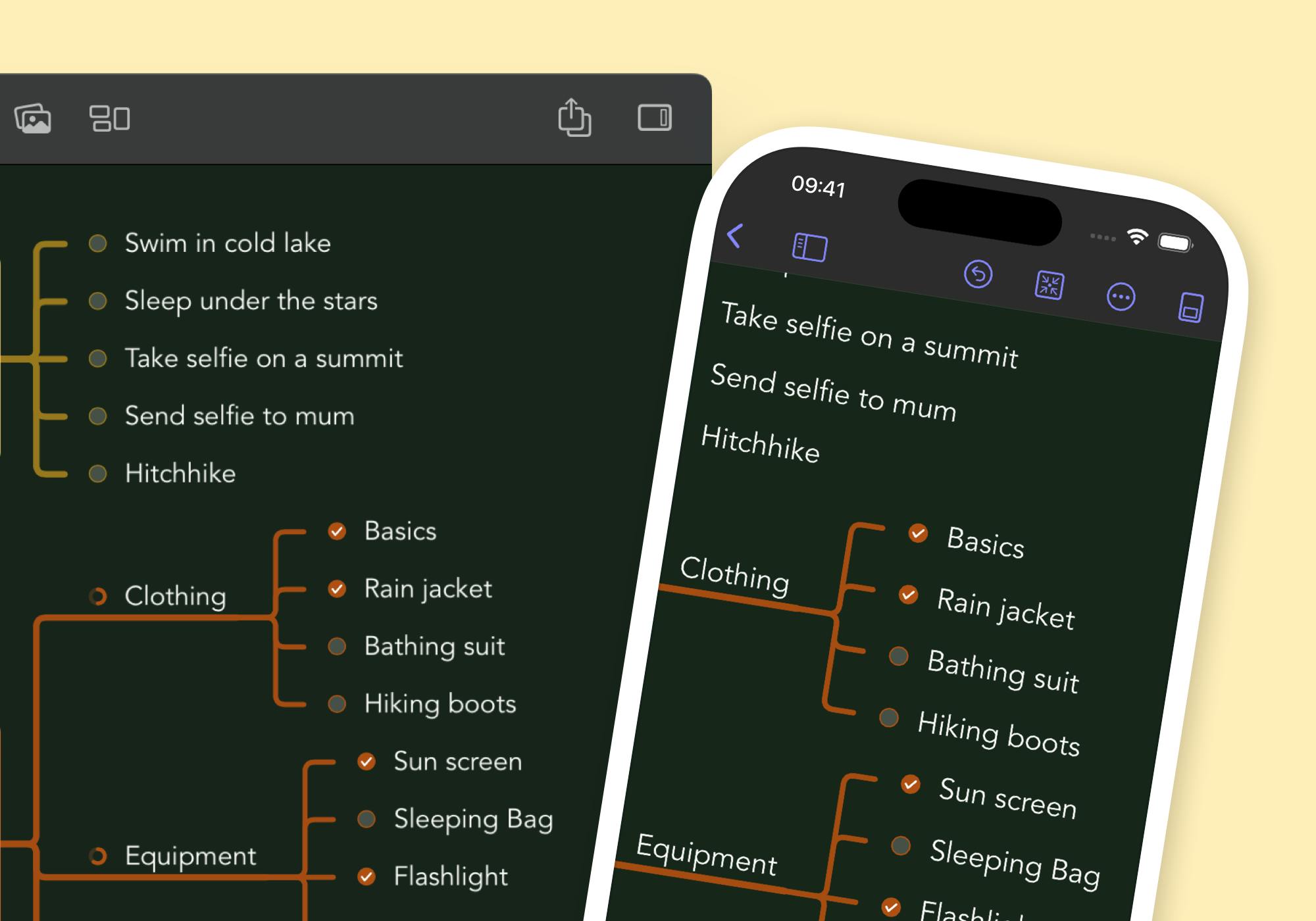 Screen and phone with the same mind map in dark mode. In front of a yellow background.