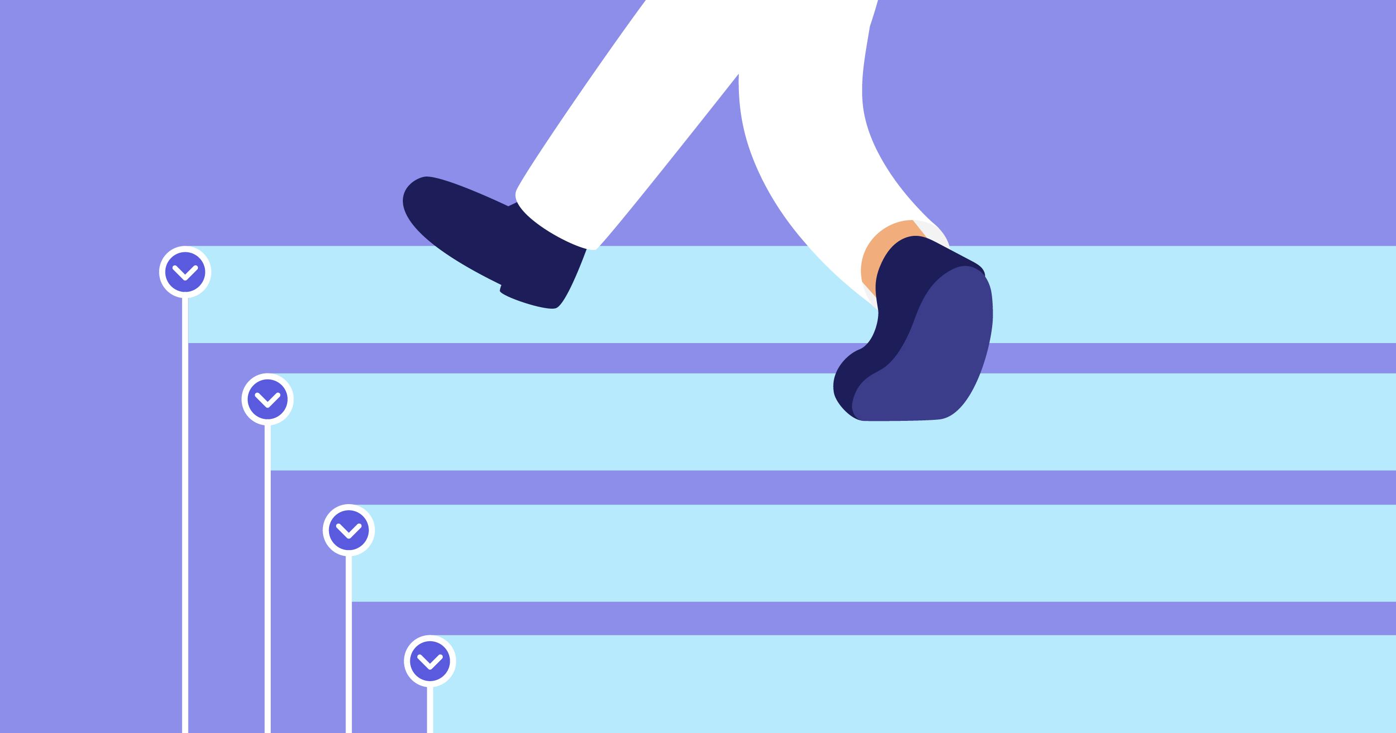 An illustration of a person's feet and legs walking up an outline as if the different nodes were steps on a stair. 