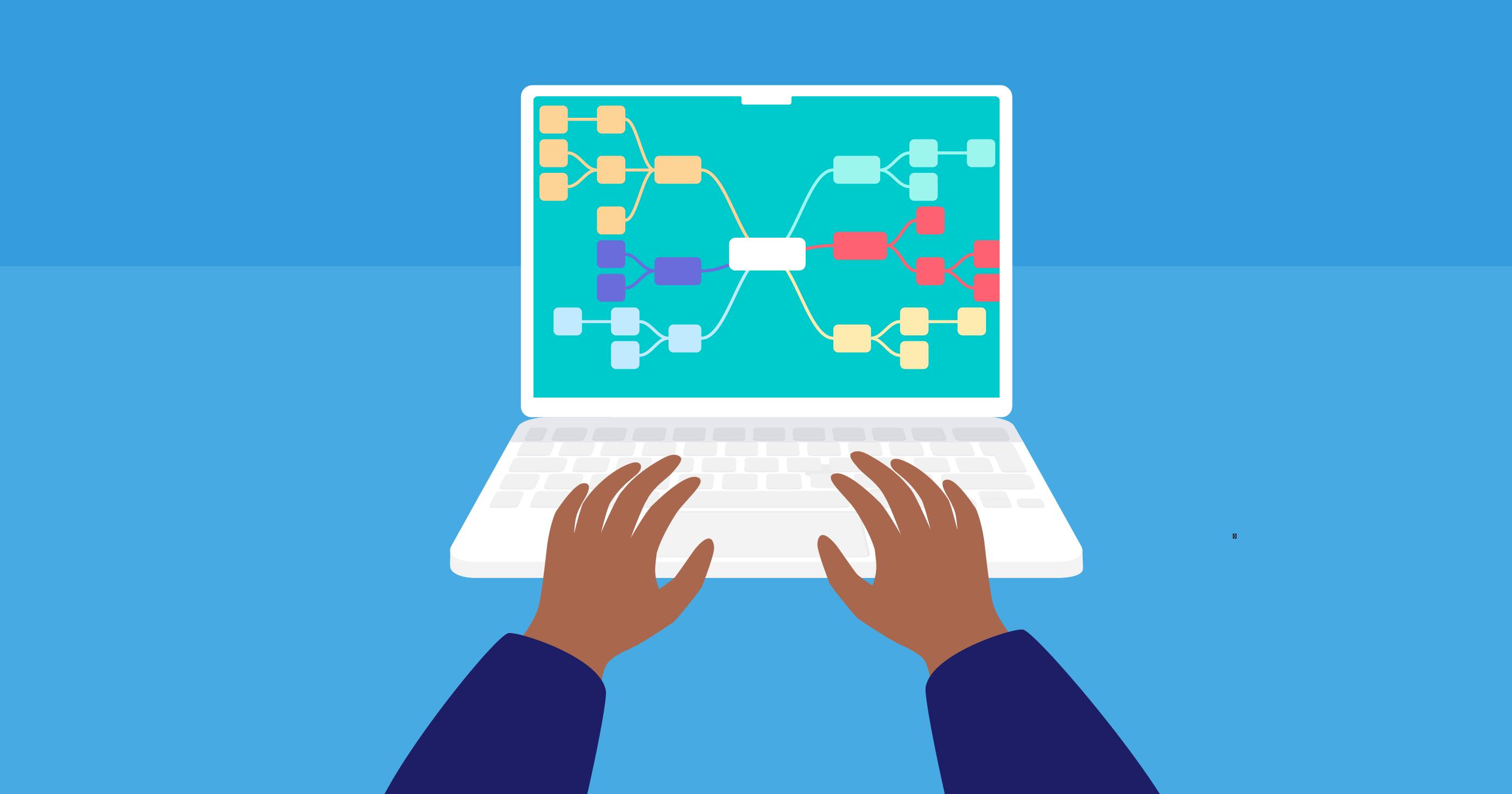 An illustration of a MacBook with a mind map open. From this perspective, it looks like you're working on the computer. 