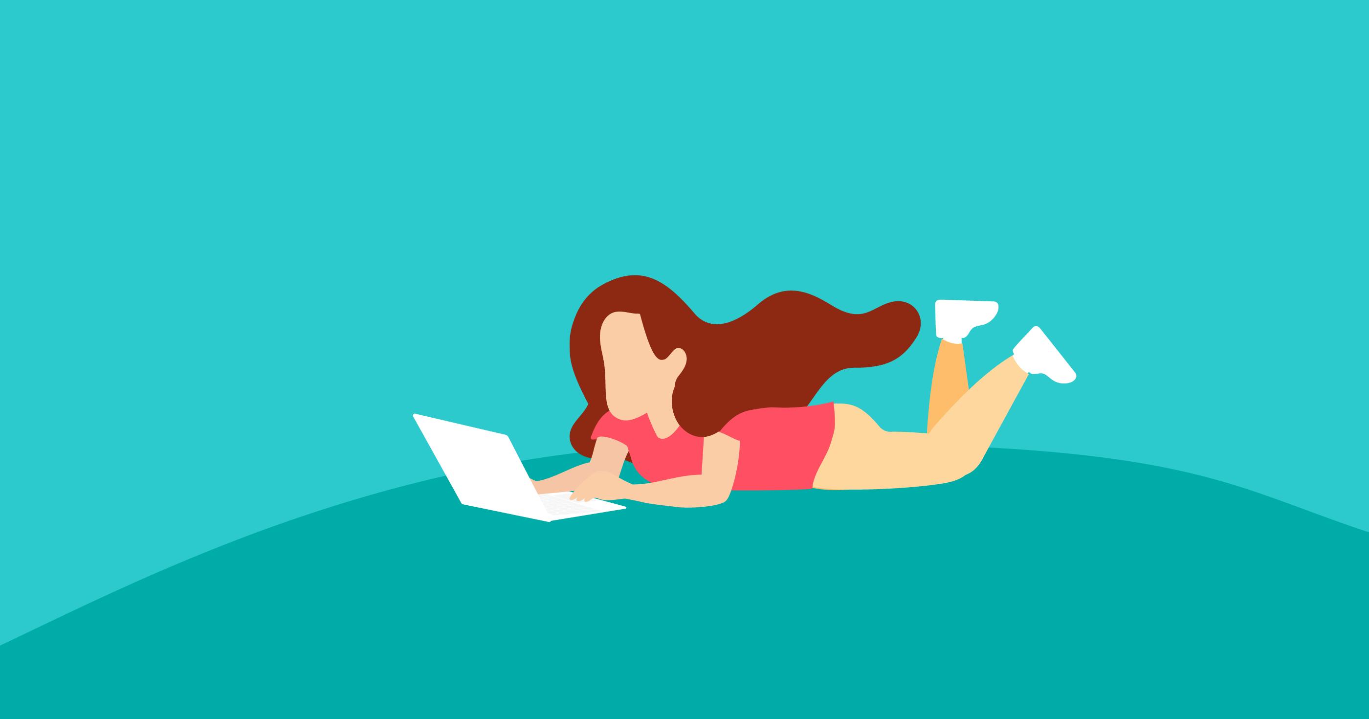 Illustration of a person with long brown hair lying on a green hill in front of a MacBook. 