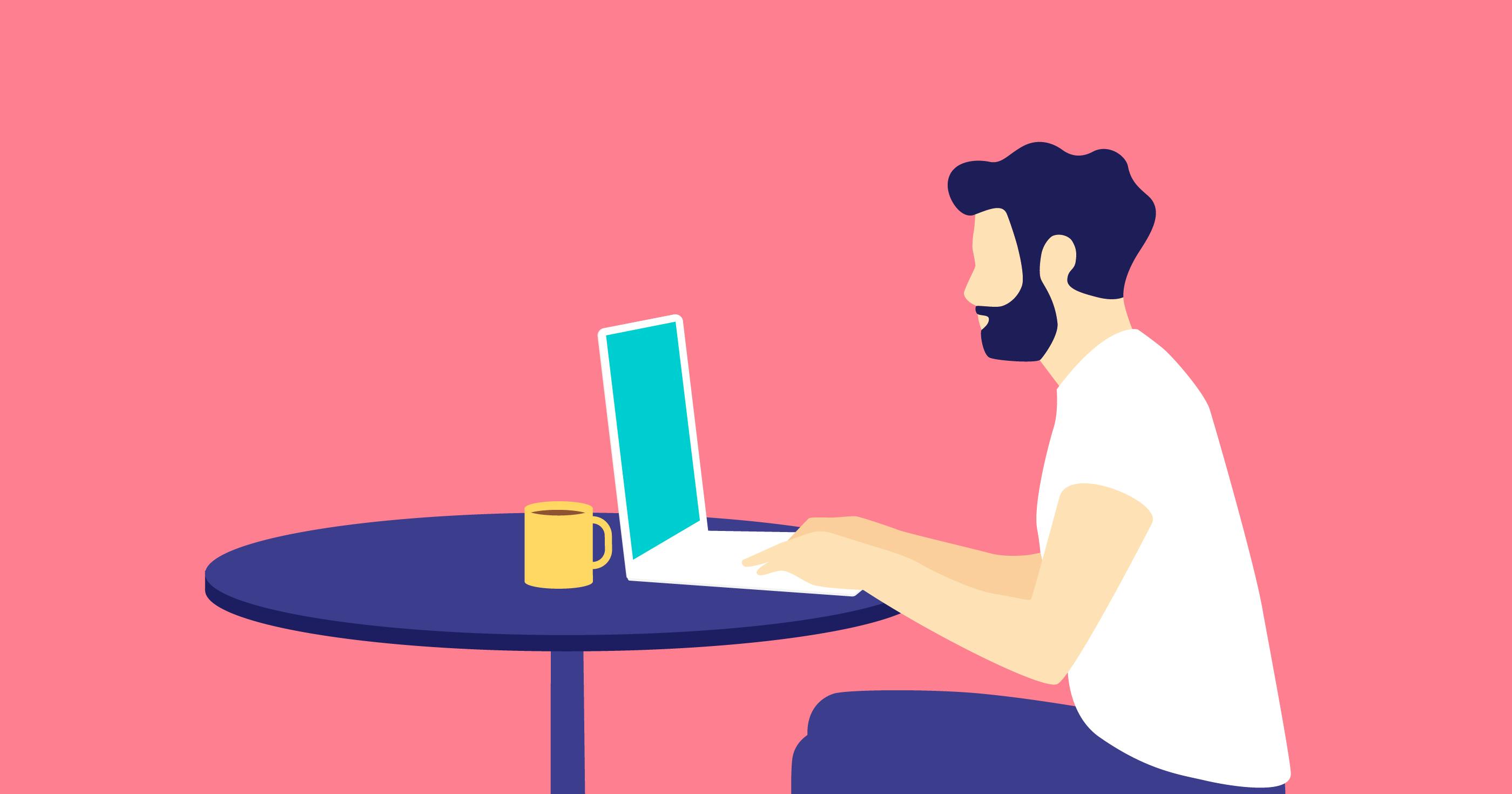 Illustration of a light-skinned bearded man sitting at a round table. He's working on a MacBook and has coffee or tea in a yellow mug beside the machine. 