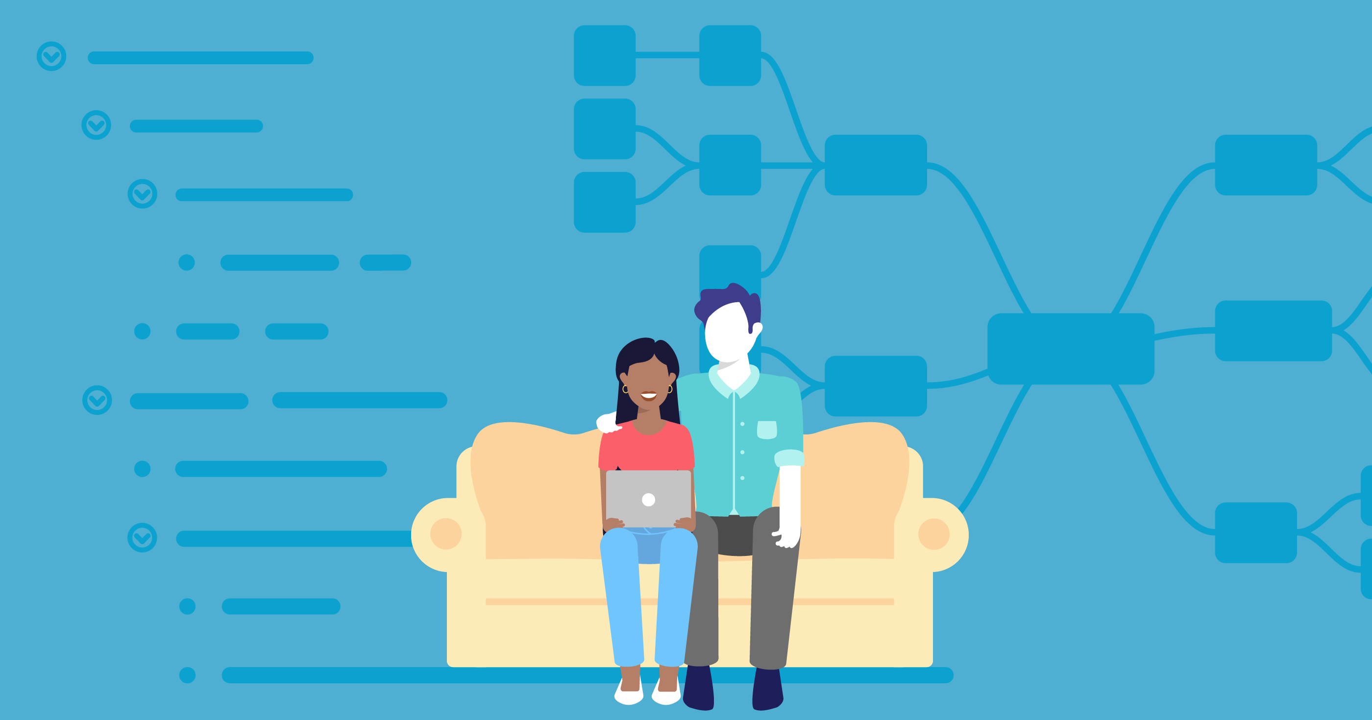 Illustration of a light-skinned man and a brown woman sitting next to each other on a yellow couch. They are looking the the MacBook on the woman's lap. The blue background faintly shows an outline on the left and a mind map on the right.