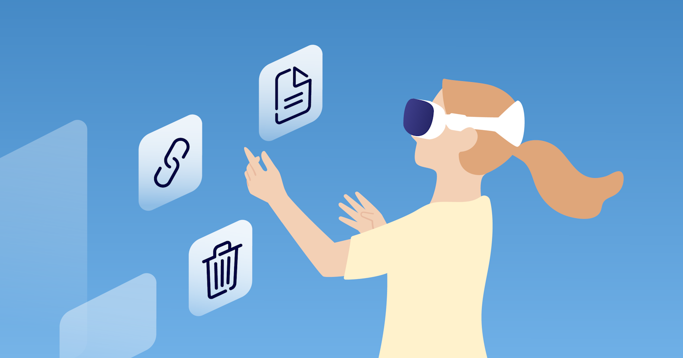 Illustration of woman wearing Apple Vision Pro, pointing at 3 icons representing links, trash, and notes