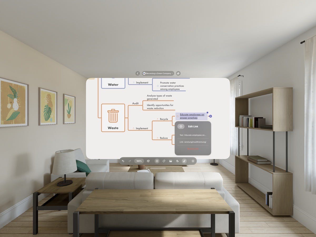 Screenshot from Vision Pro with a mind map and an open dialog to add a link