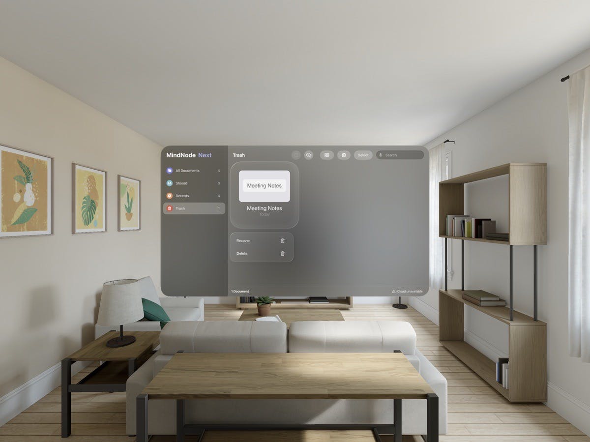 Screenshot from Vision Pro with the document manager open showing the trash folder with one item