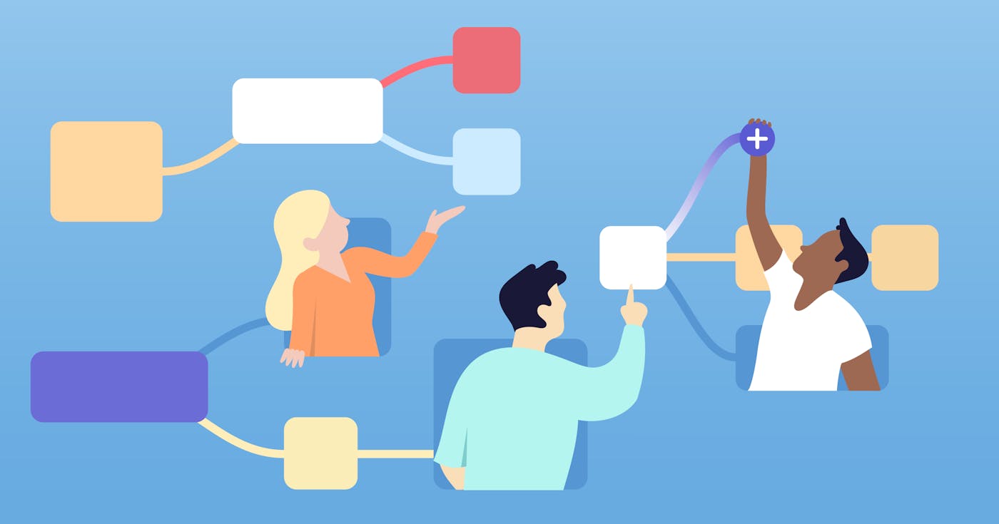 Illustration of 3 people working in a mind map.