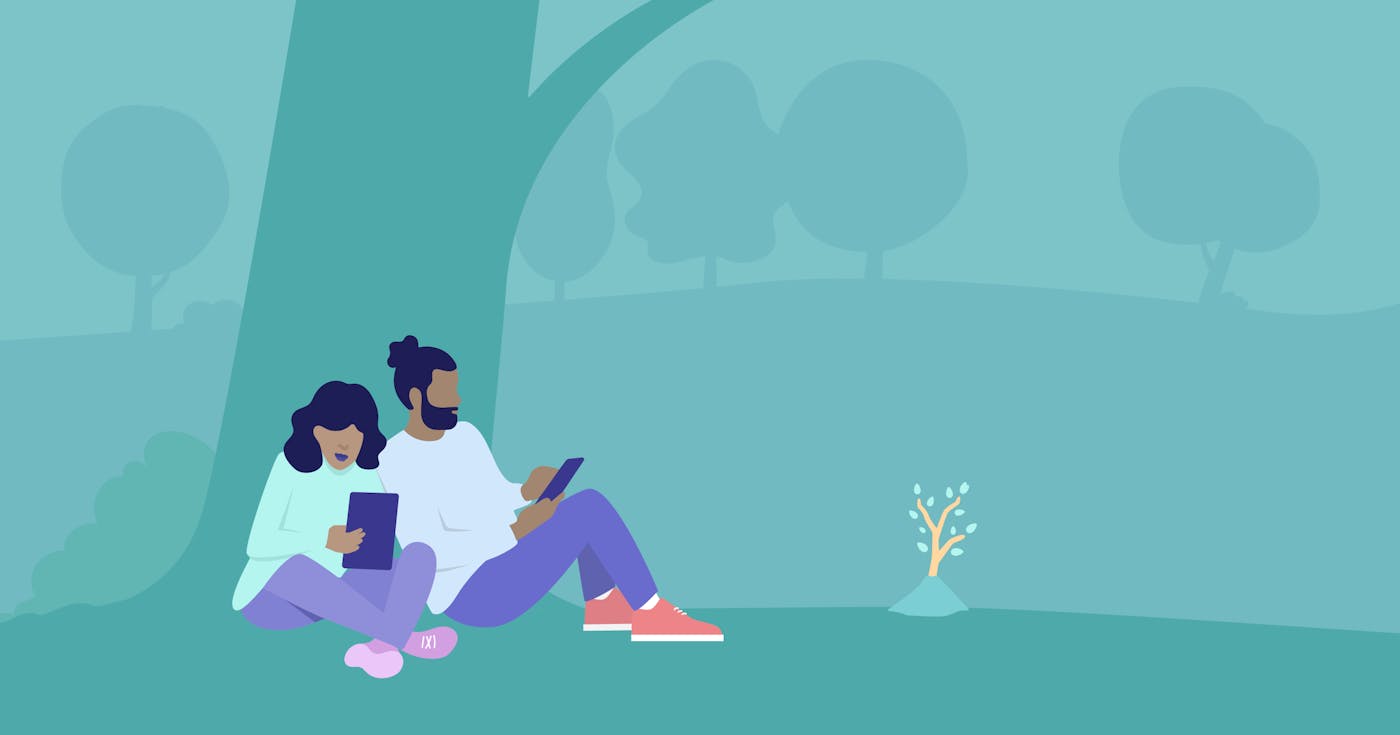 Illustration of 2 people sitting beneath a tree looking at their devices