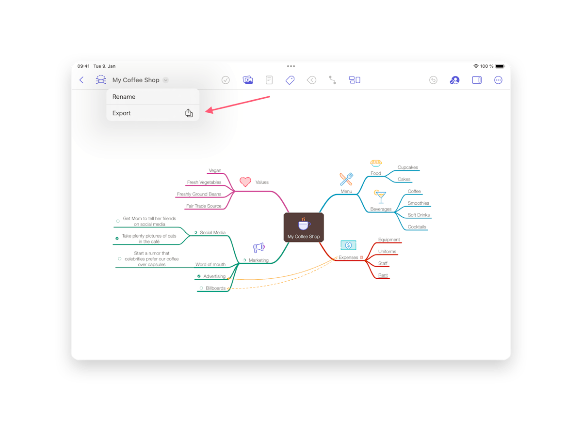 Drop down menu to export on the iPad in the upper left corner