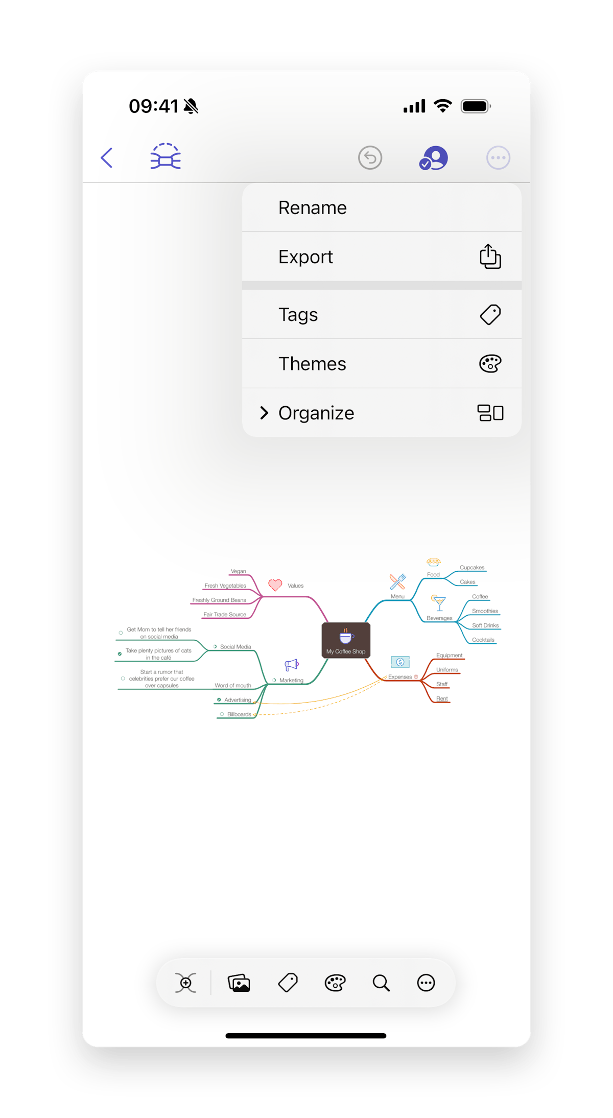 Drop down menu to export on the iPhone in the upper right corner