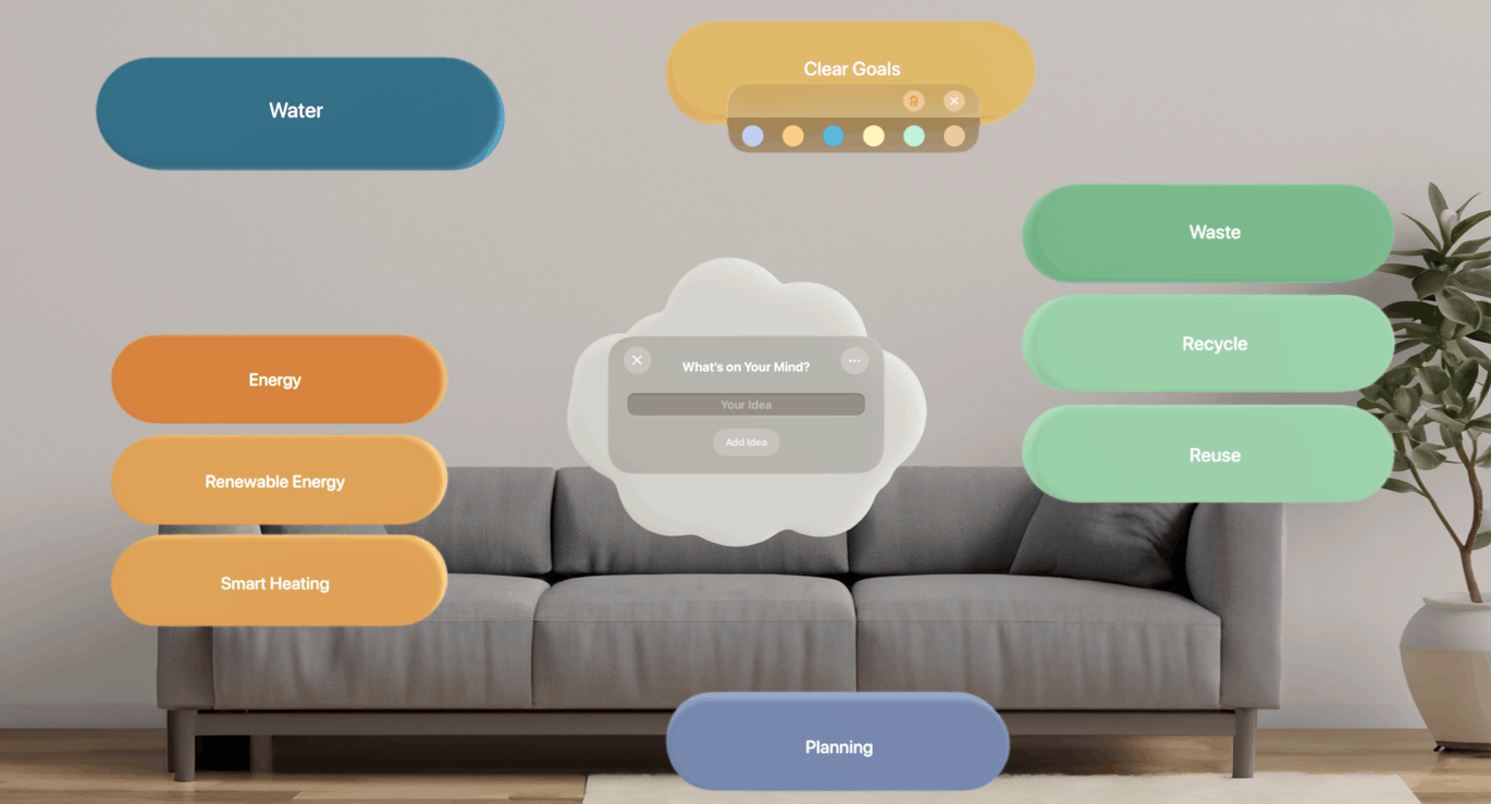 Brainstorming mode on Screenshot of Apple Vision Pro. Image shows 3D nodes floating in the room in AR space. 