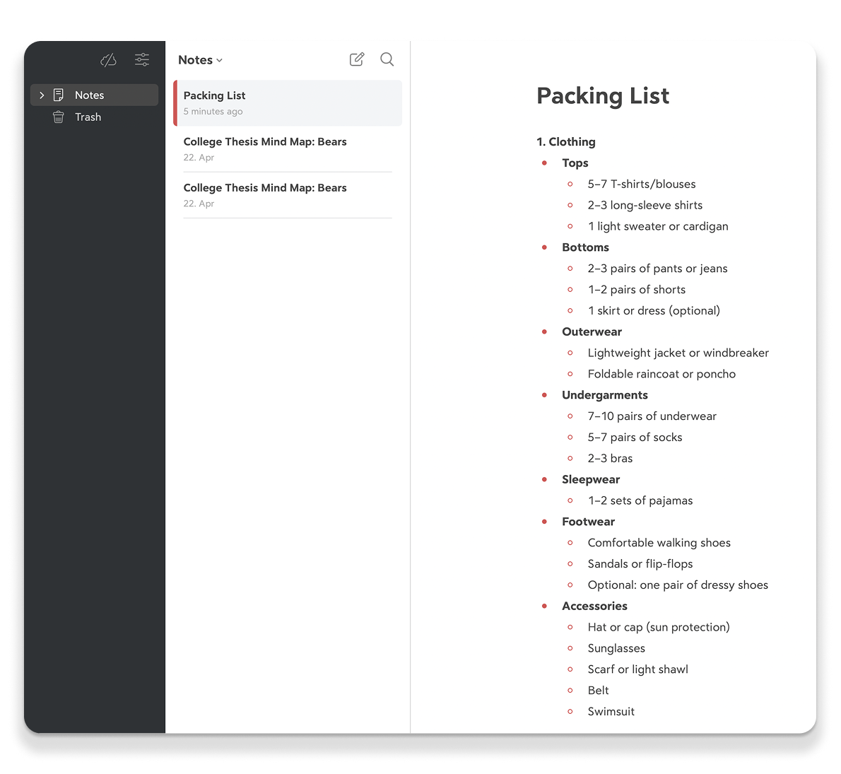 Packing List in Bear