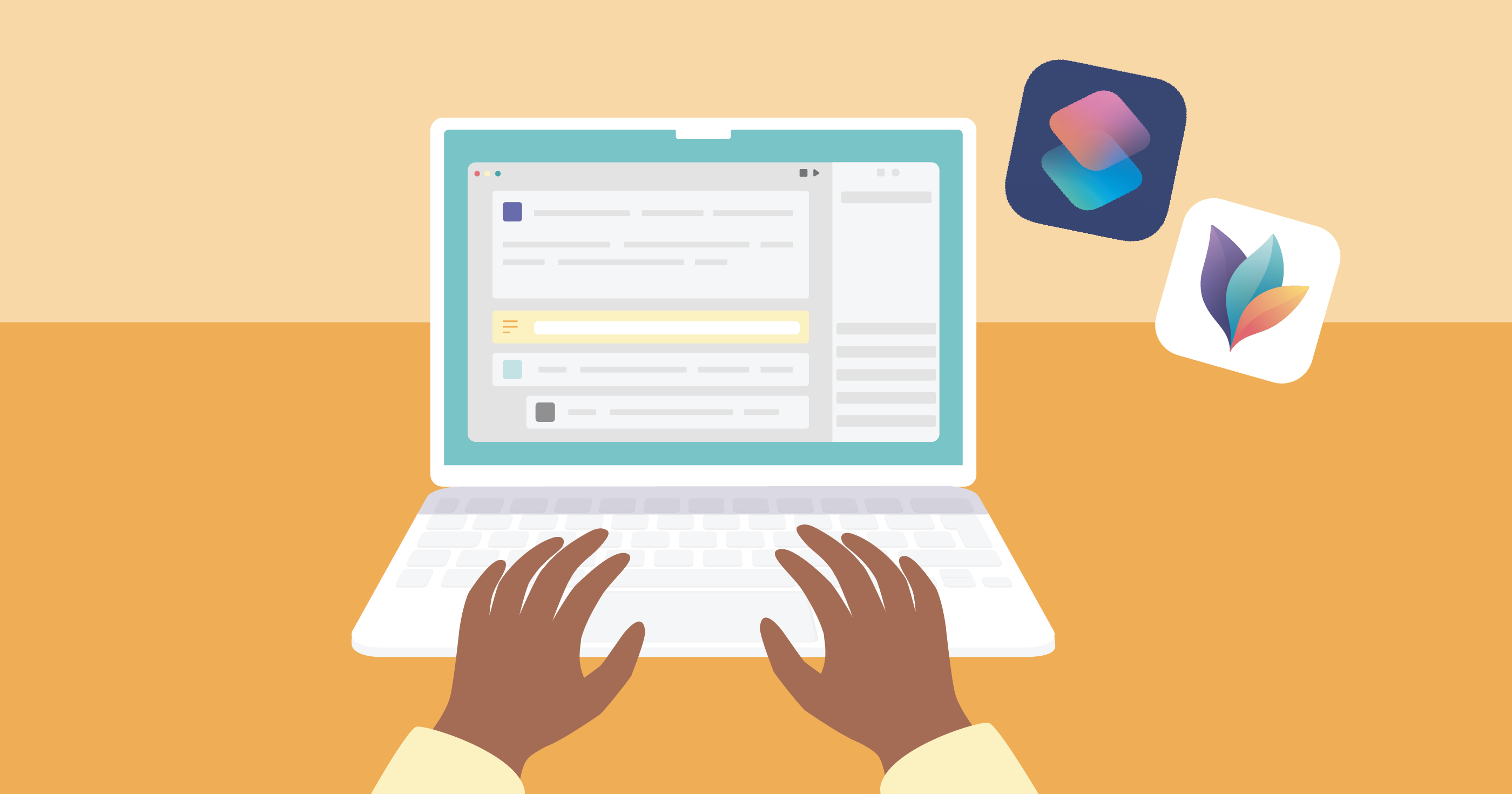 Illustration of a MacBook with Shortcuts app running and the Shortcuts and MindNode icon floating besides the device.