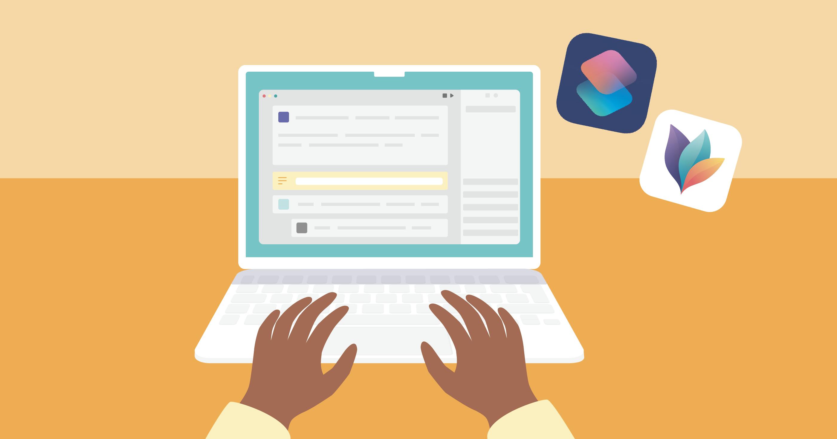 Illustration of a MacBook with Shortcuts app running and the Shortcuts and MindNode icon floating besides the device.