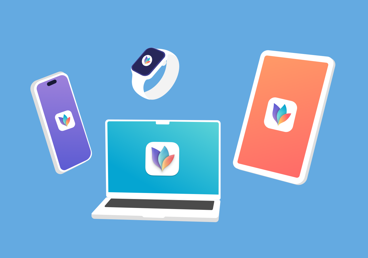 Image showing illustrations of MacBook Pro, iPad, iPhone and Apple Watch. All devices have the MindNode icon displayed on their screens. 