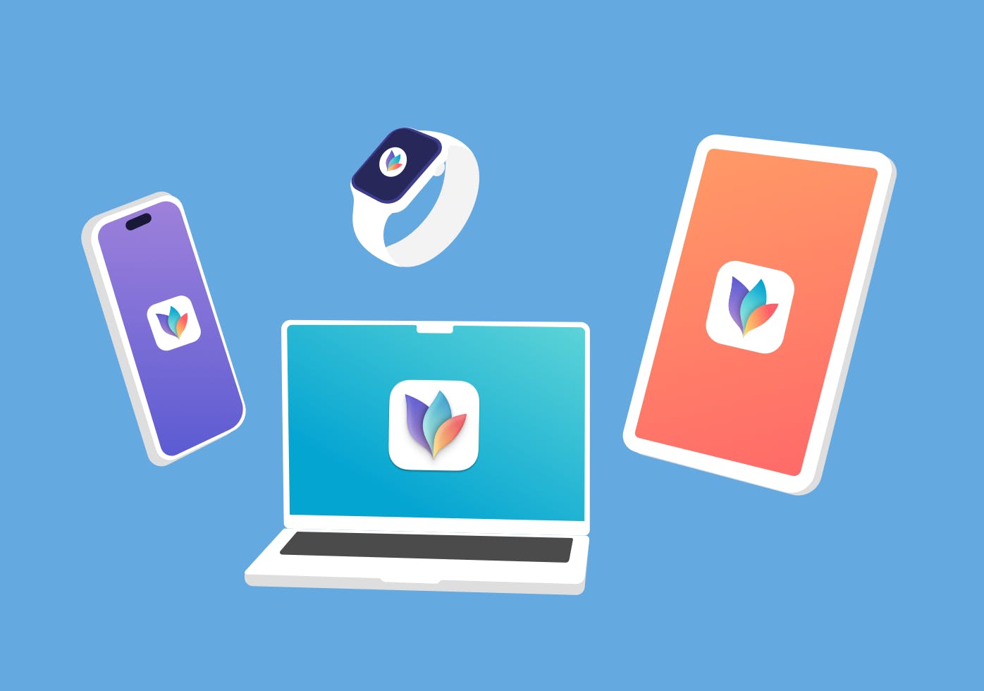 Image showing illustrations of MacBook Pro, iPad, iPhone and Apple Watch. All devices have the MindNode icon displayed on their screens.