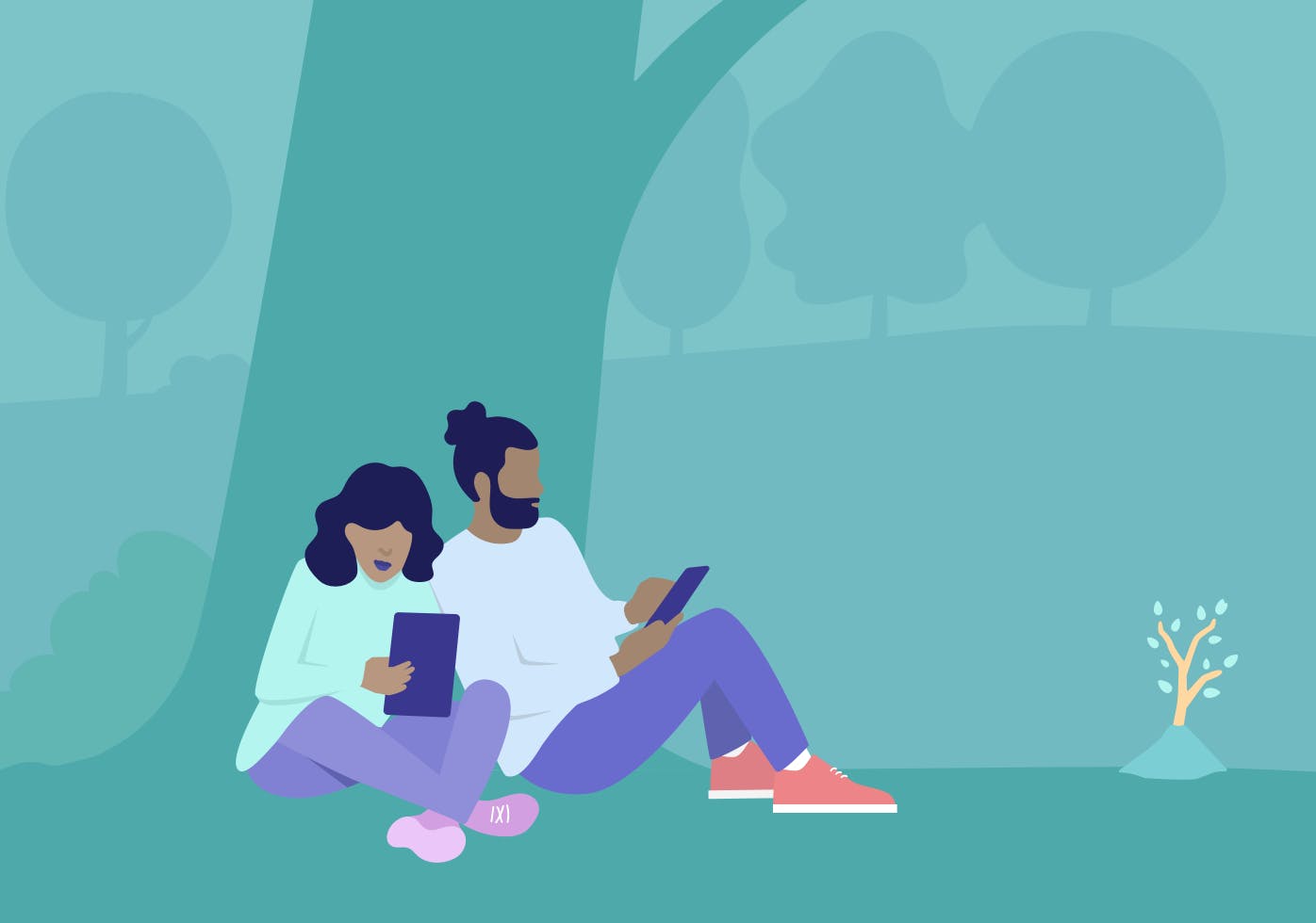 Illustration showing two people leaning against a tree looking at their iPads.