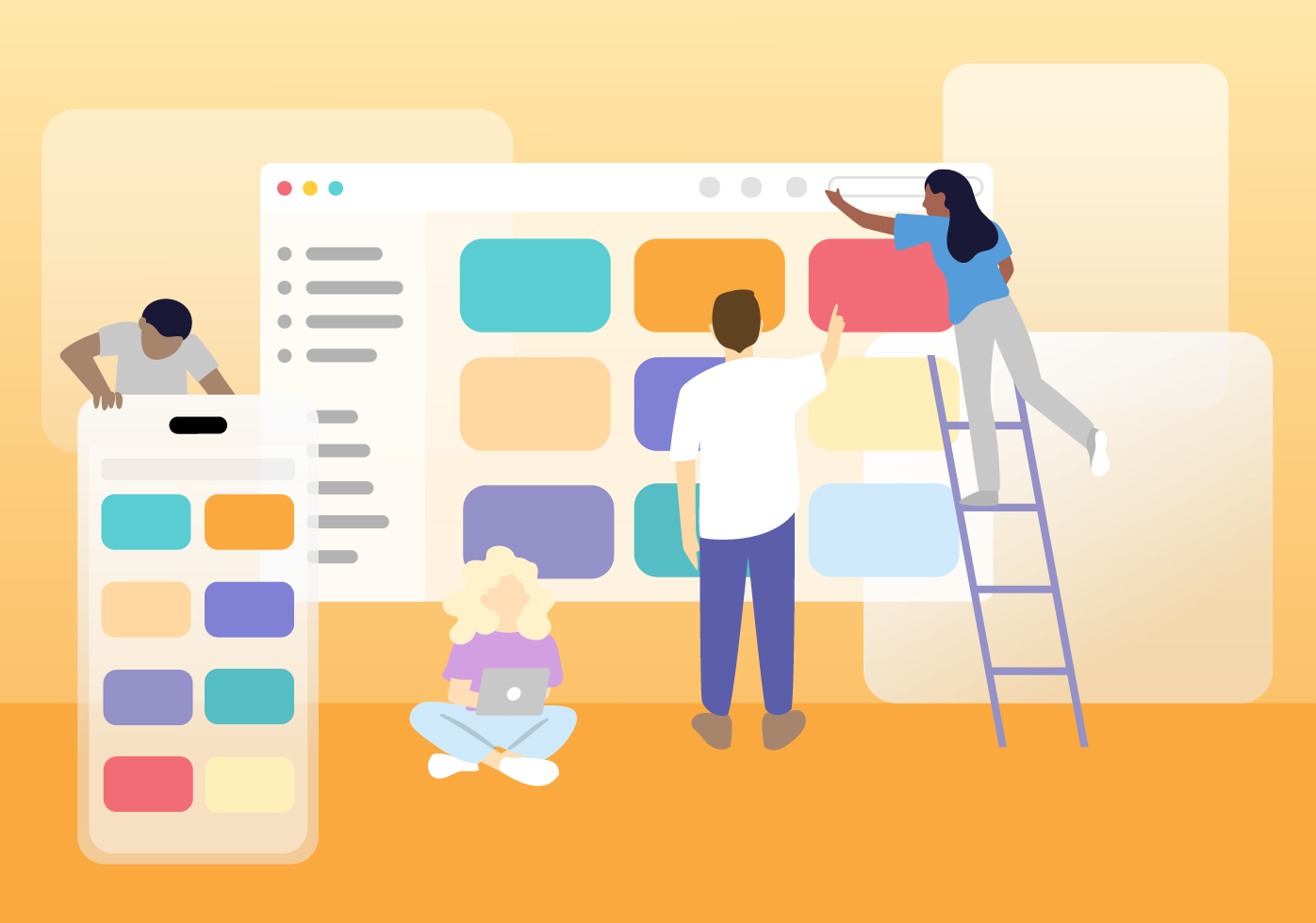Illustration showing four people working with MindNode windows