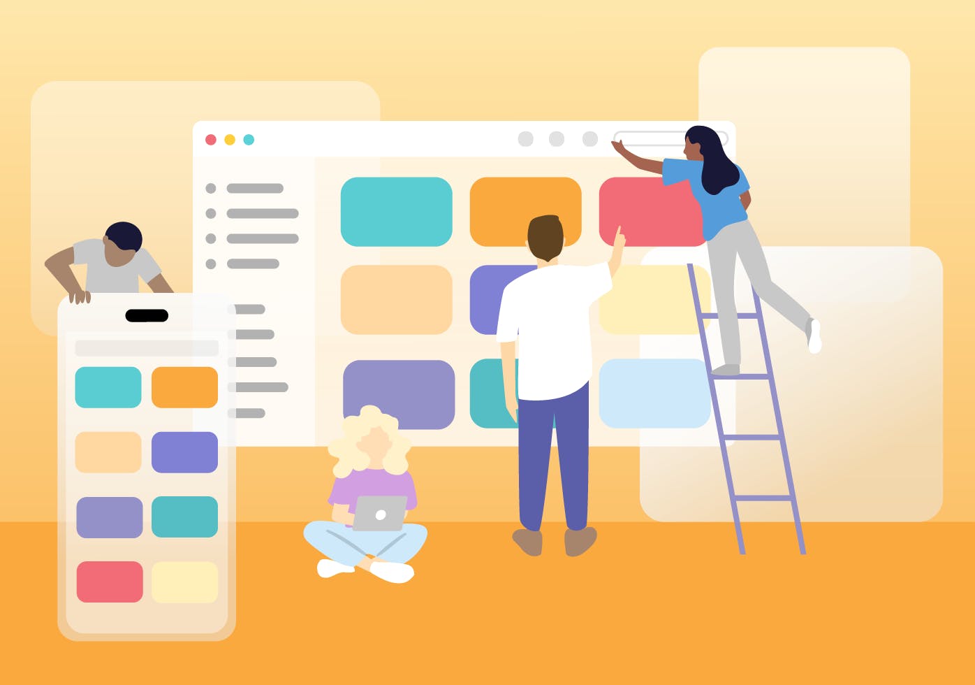 Illustration showing four people working with MindNode windows