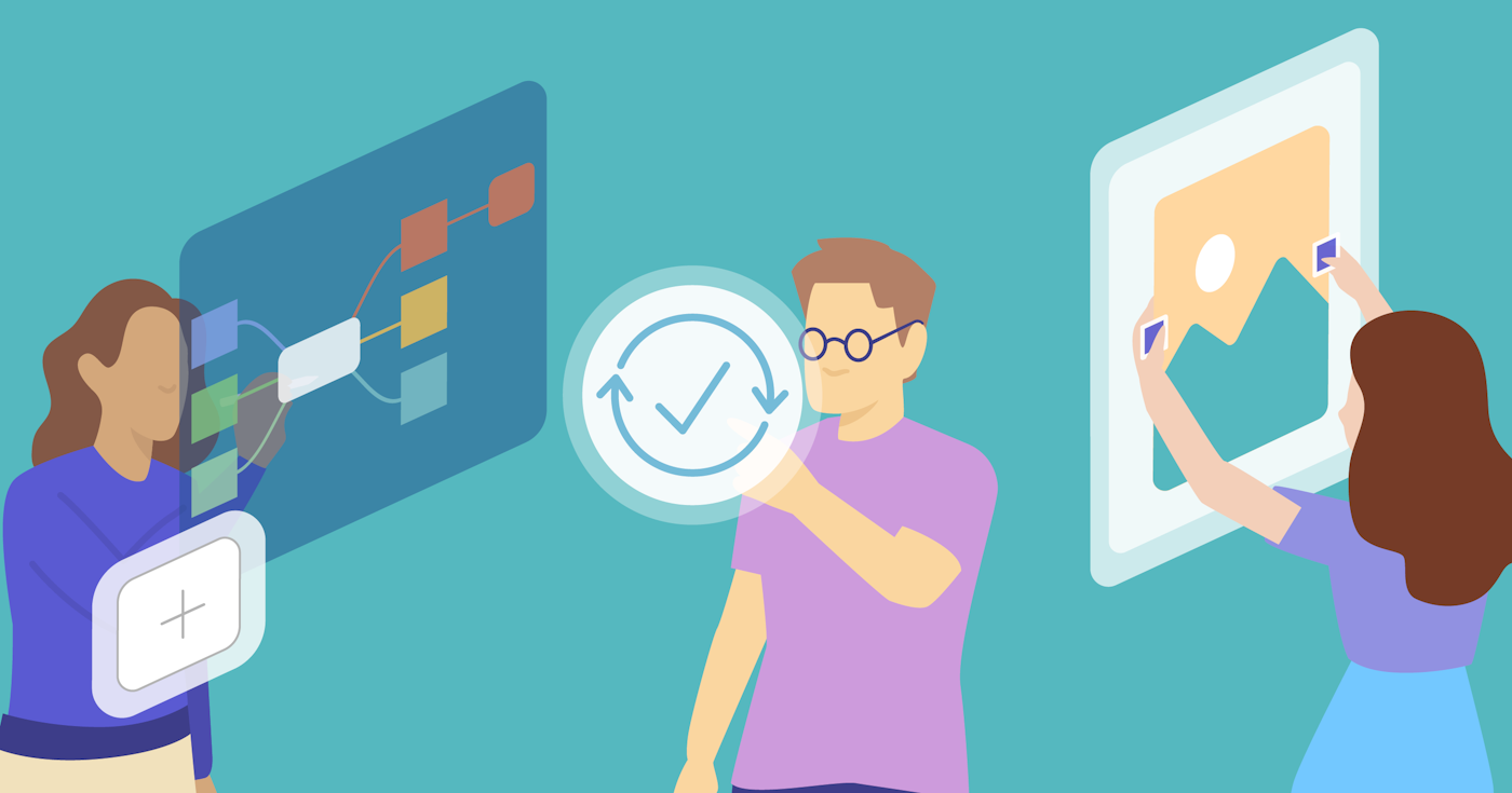 An illustration of three people interacting with MindNode UI using personal themes, syncing and image resizing features.