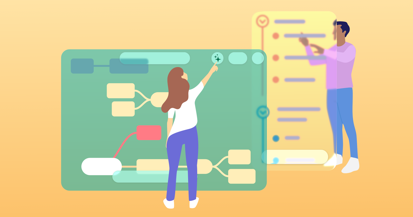 Illustration of two persons standing in oversized mind map and outline featuring a liquid glass look.