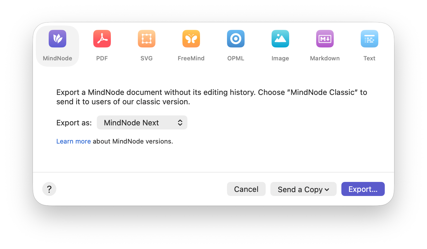 Export screen showing multiple export options
