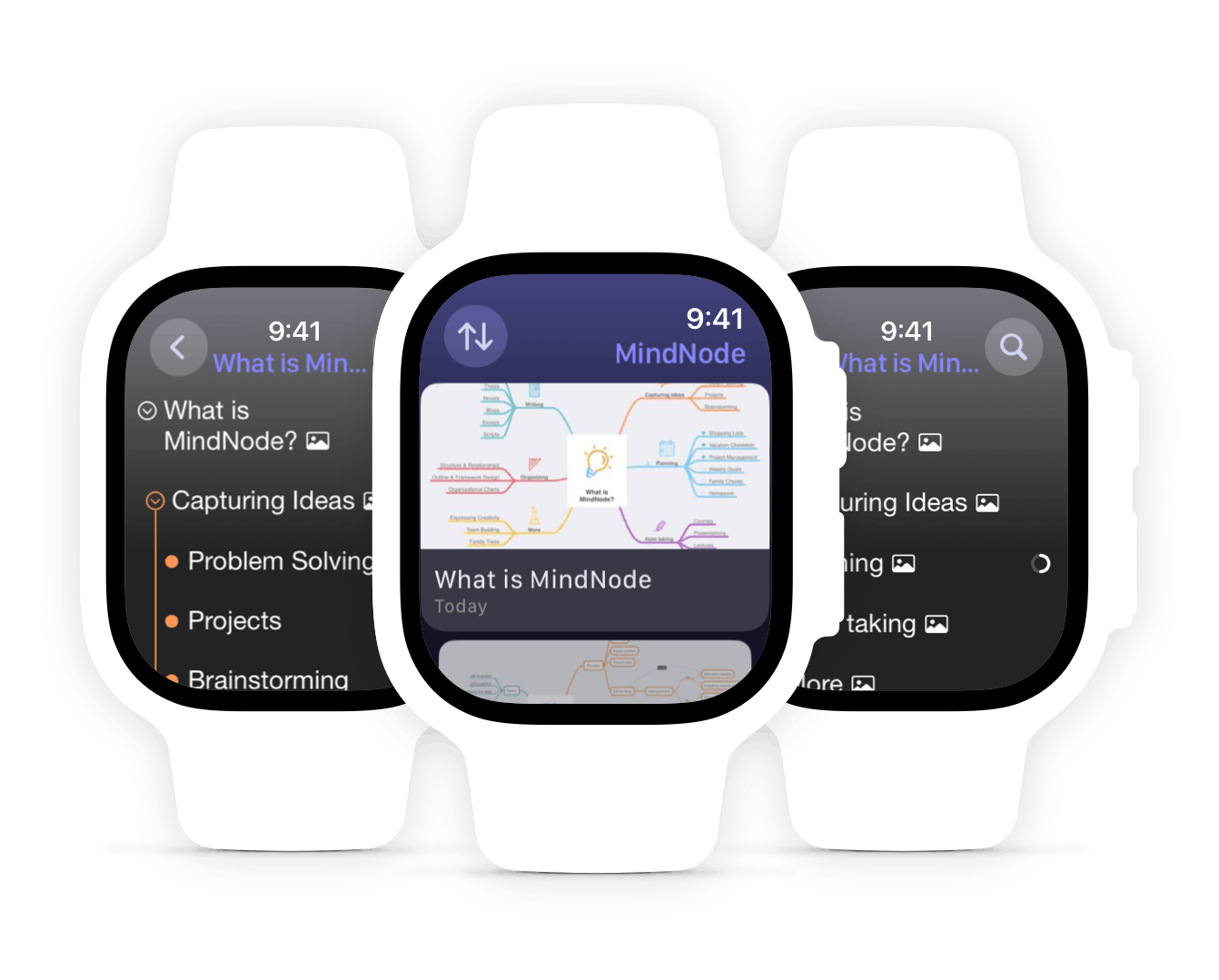 MindNode on Apple Watch Screnshots showing a "What is MindNode" document
