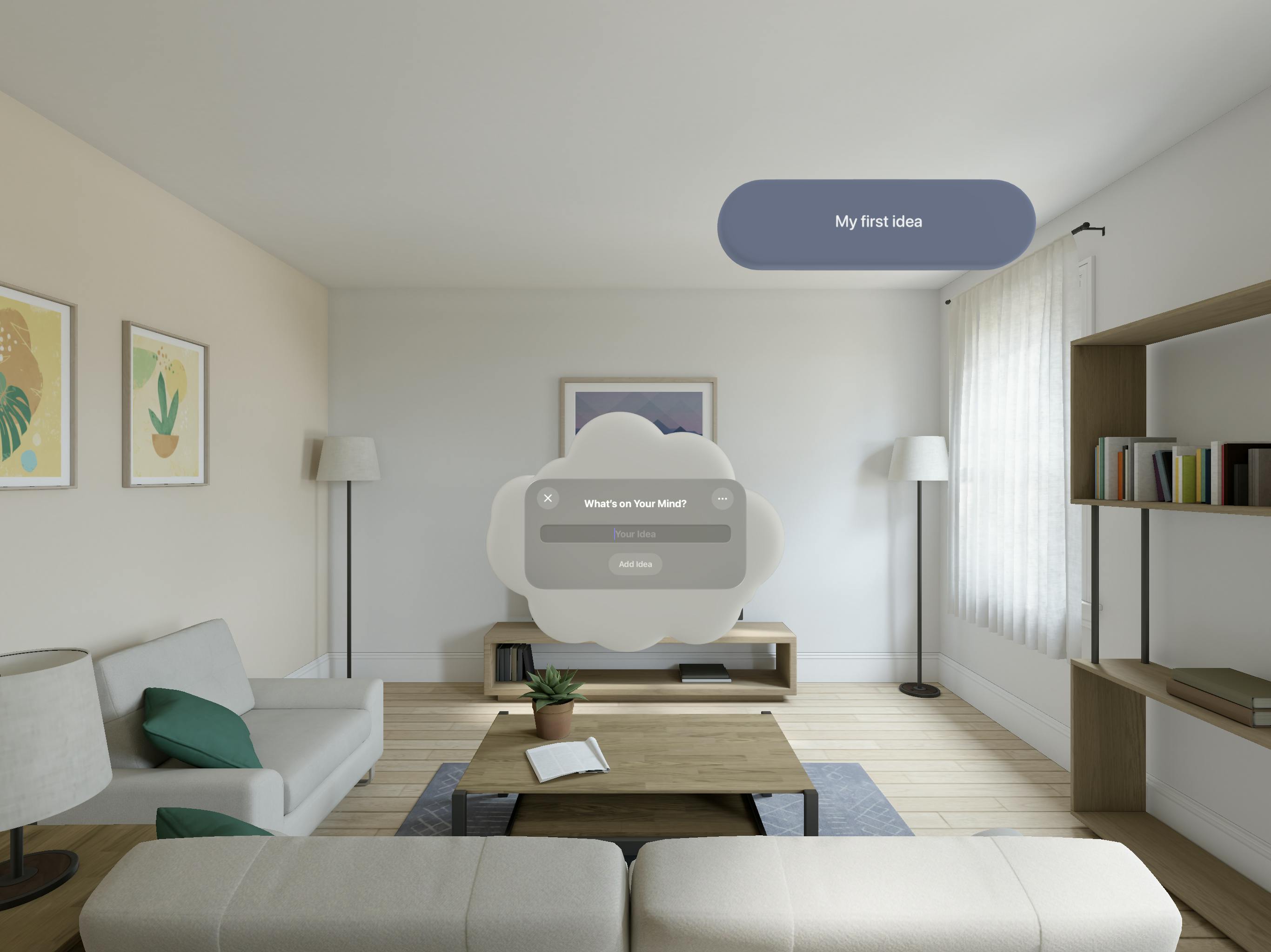 Floating central cloud in a living rooom with one first idea pill floating above it.