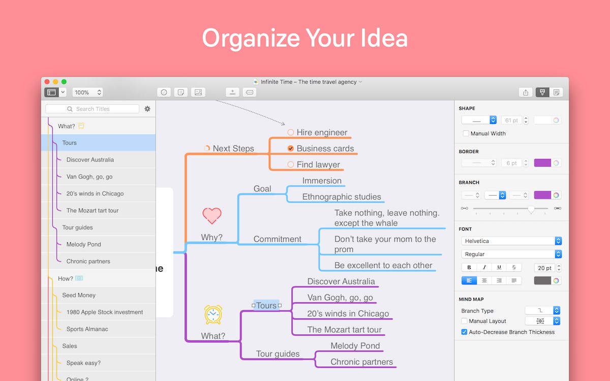 MindNode 5 on Mac showing Outline Mode