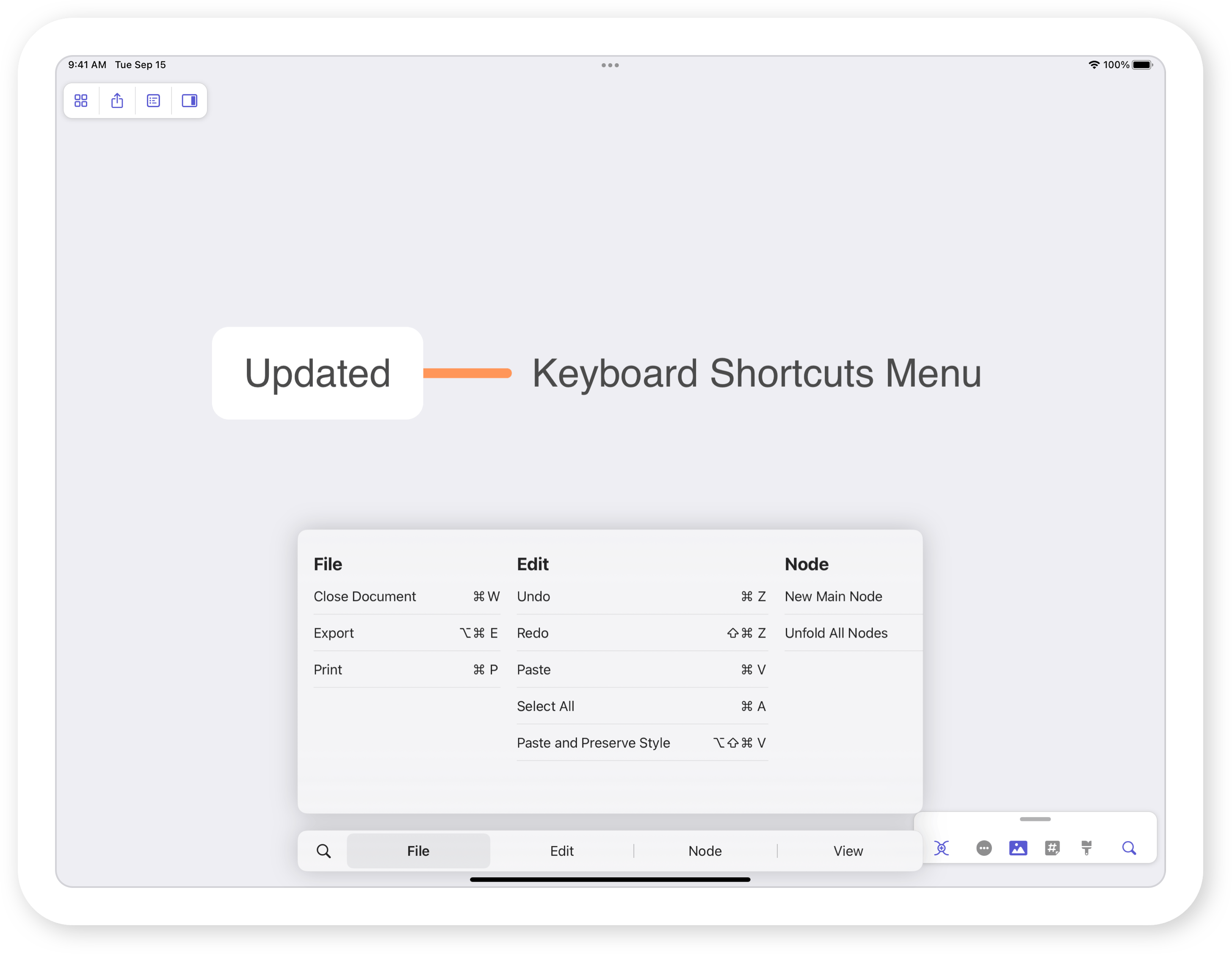 Updated Keyboard Shortcuts Menu in MindNode 2021.3
