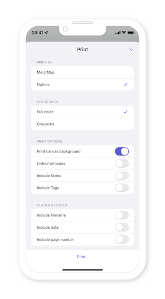 Outline printing options in MindNode on iOS & iPadOS