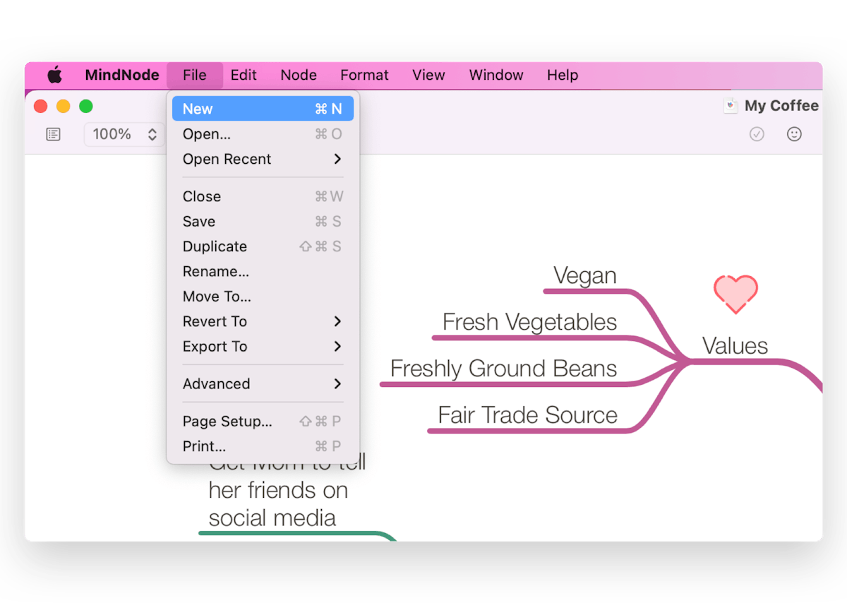 Creating a new document via the File option in the Menubar