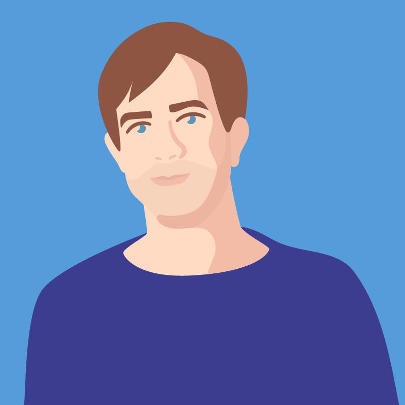 Digital illustration. Headshot of Michael Schwarz, a person with a light skin tone, blue eyes, and short brown hair, wearing a dark blue boat-neck shirt. 