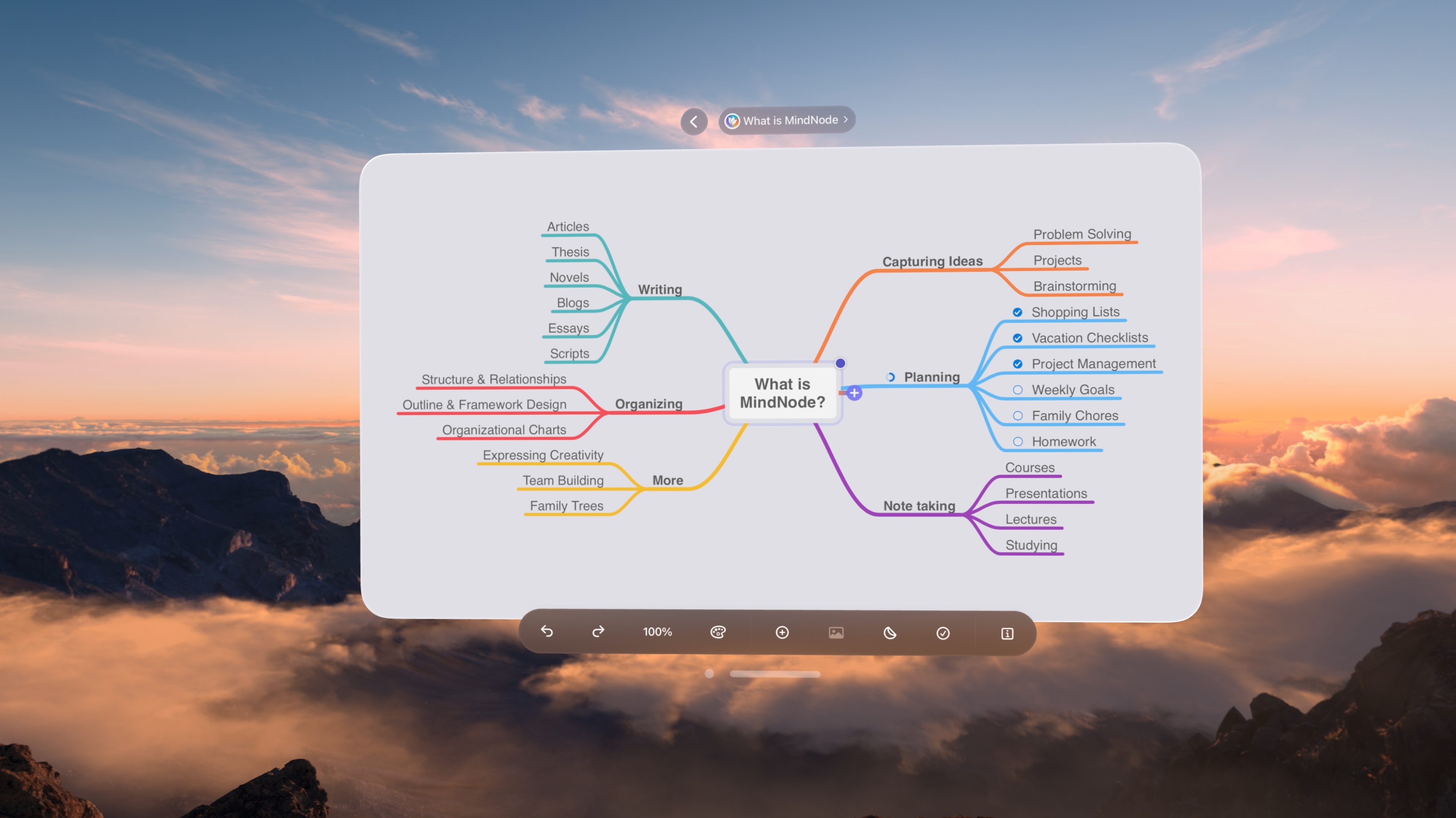 What is MindNode document open in MindNode Next for Apple Vision Pro